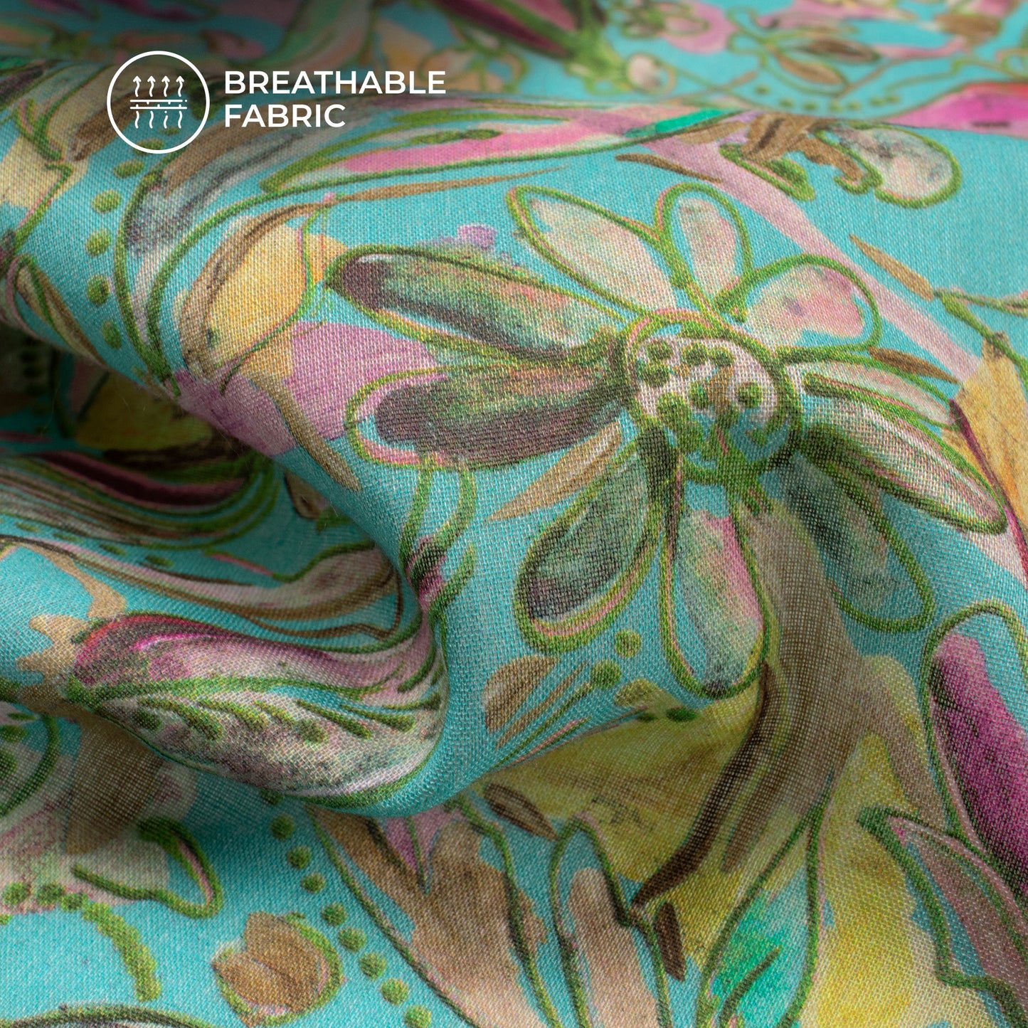 Baby Blue Floral Digital Print Cotton Mulmul Fabric