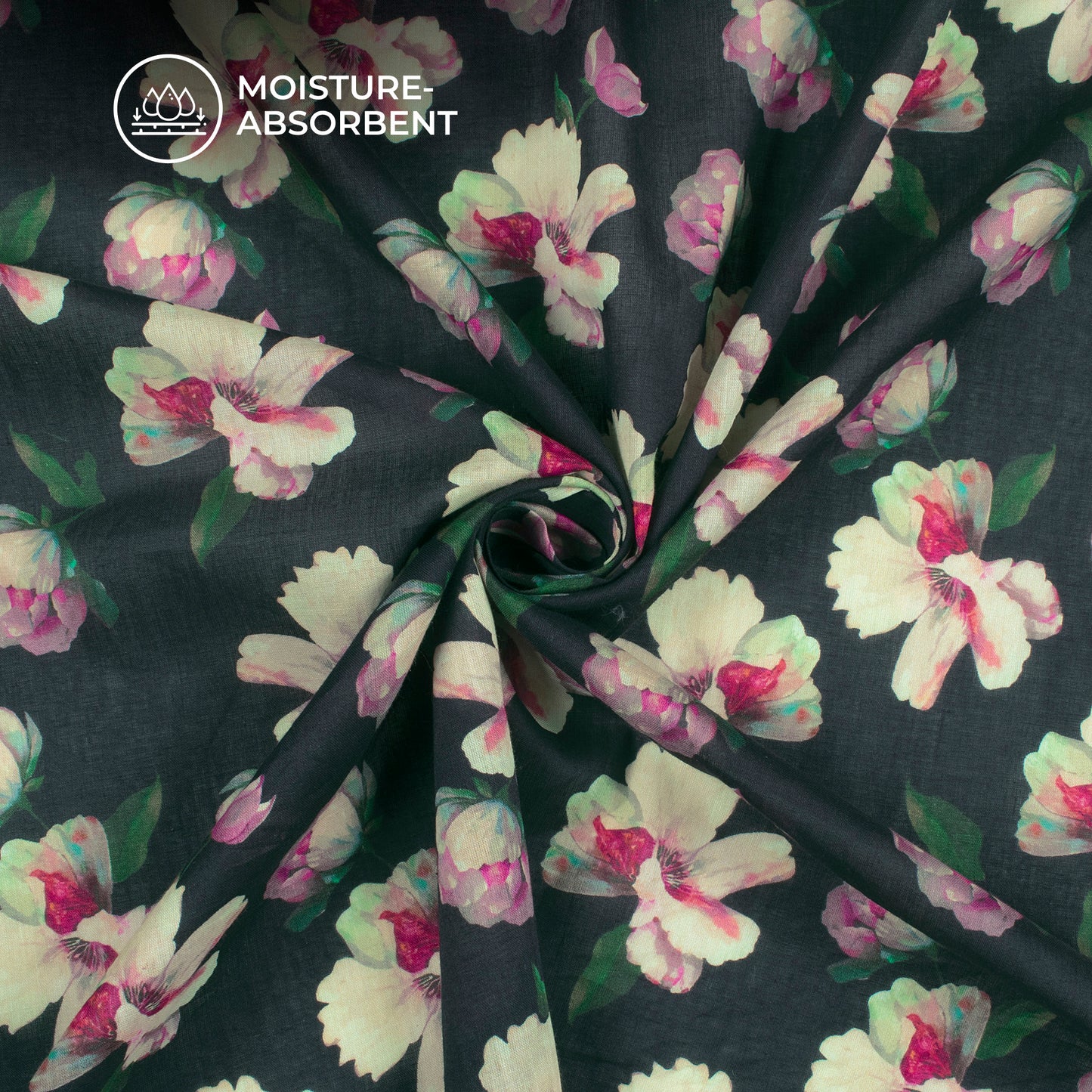 Black Floral Digital Print Cotton Mulmul Fabric