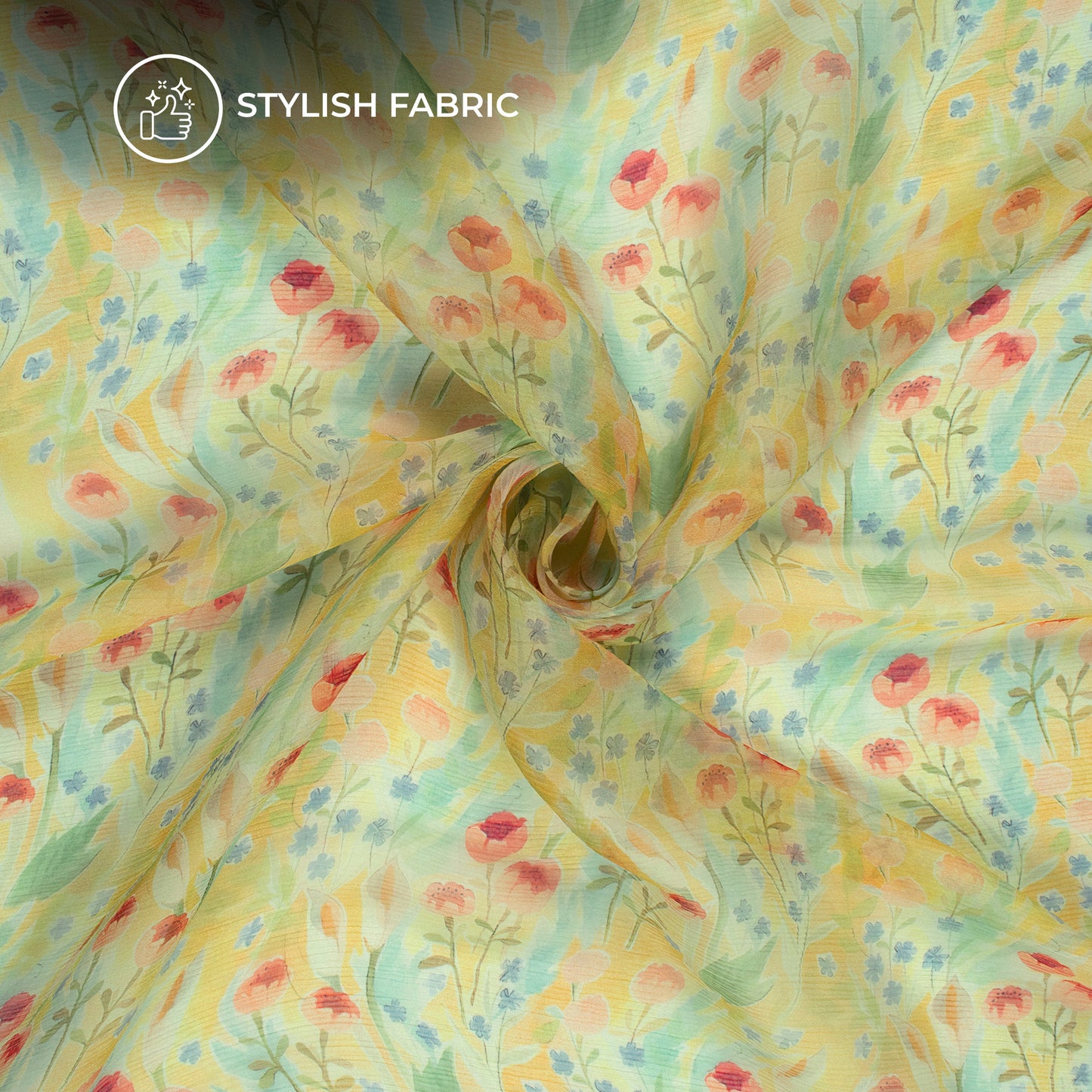 Lemon Yellow Floral Digital Print Bemberg Chiffon Fabric