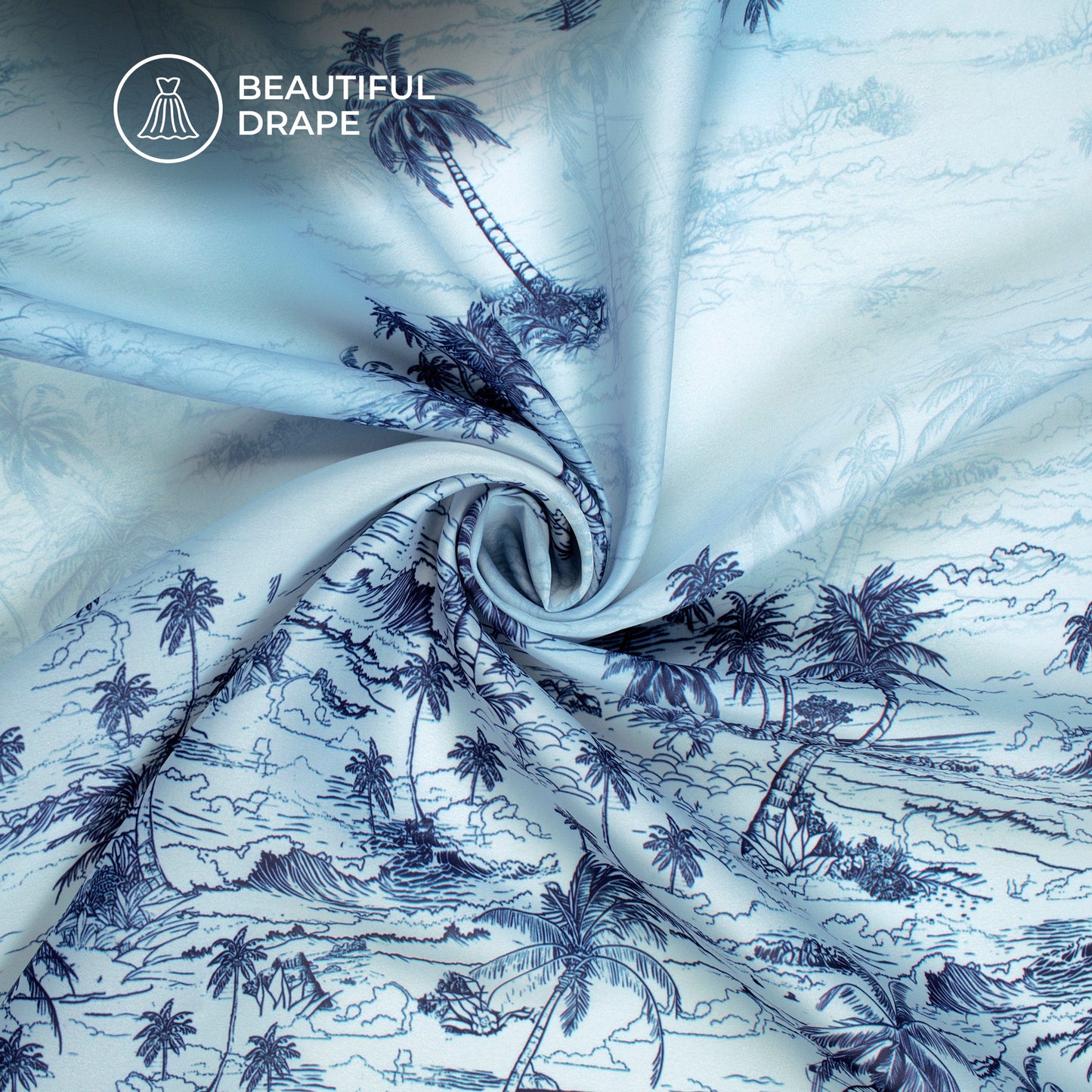 Baby Blue Tropical Digital Print Imported Satin Fabric