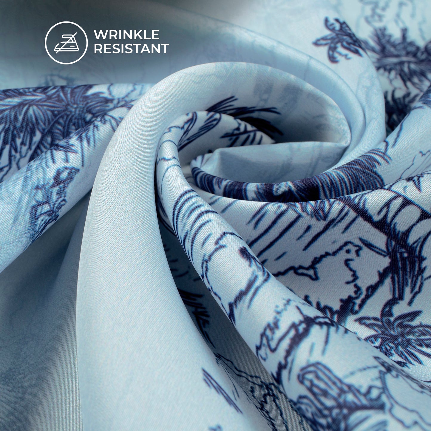 Baby Blue Tropical Digital Print Imported Satin Fabric