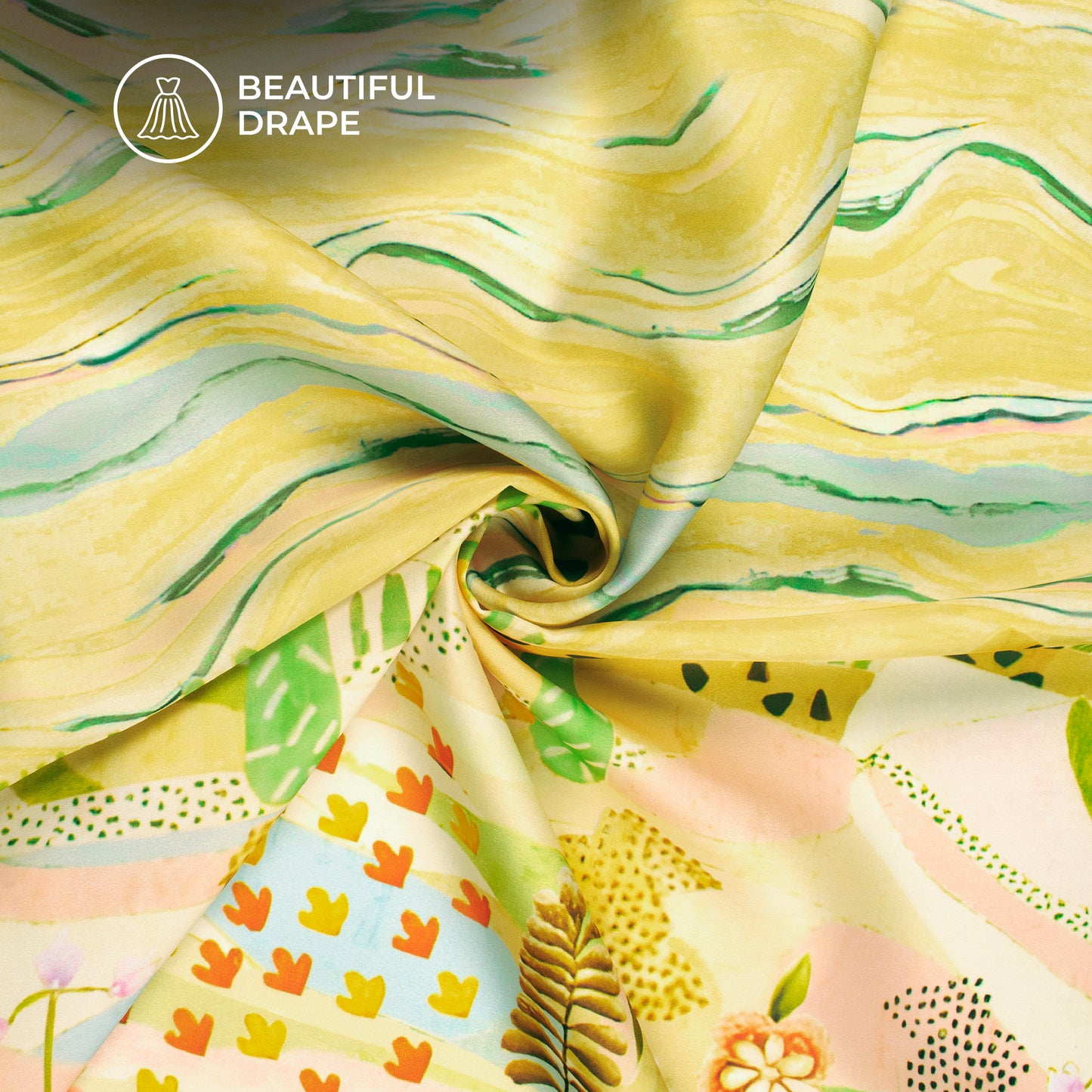 Yellow Abstract,Floral Digital Print Imported Satin Fabric