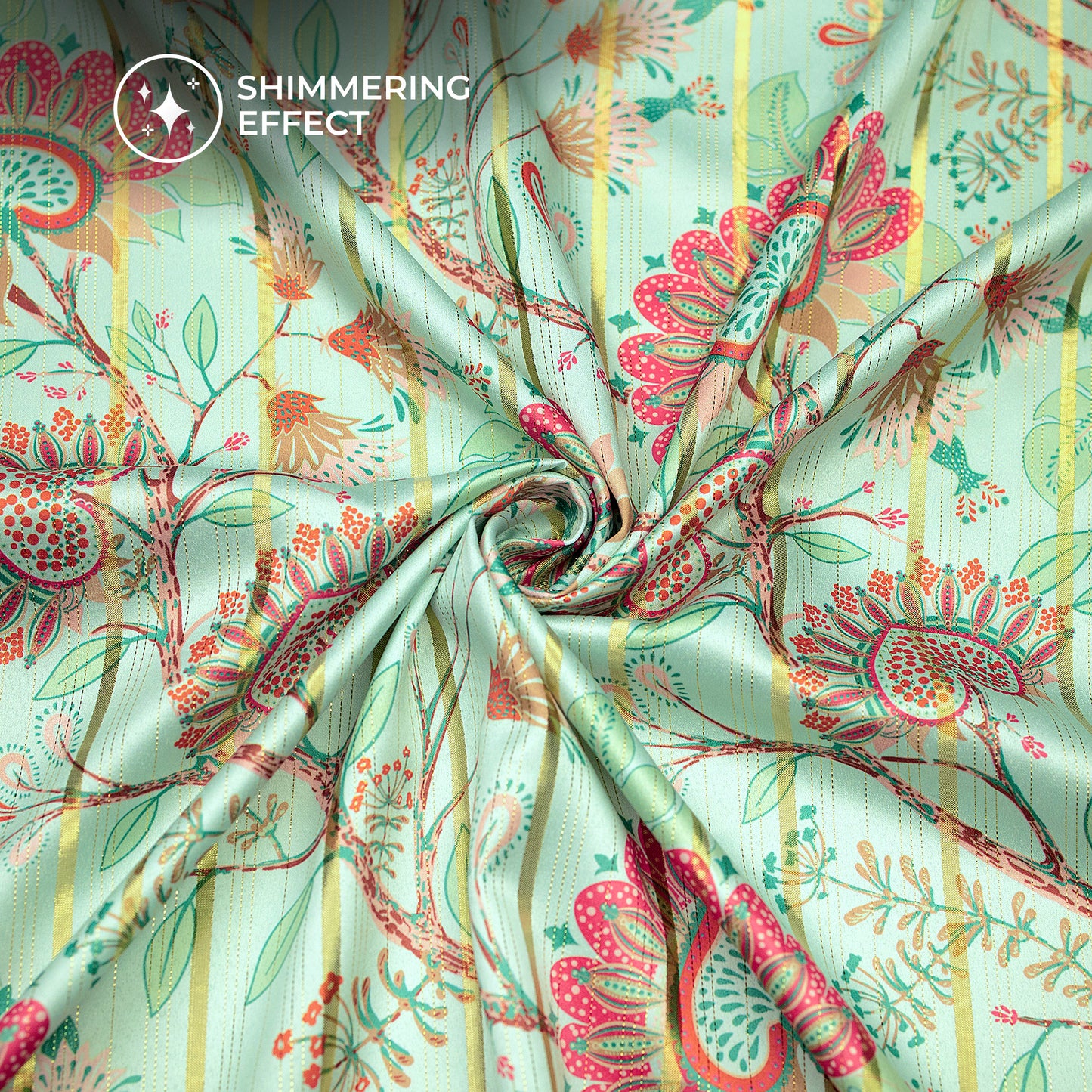 Pistachio Green Floral Digital Print Golden Lurex Satin Fabric