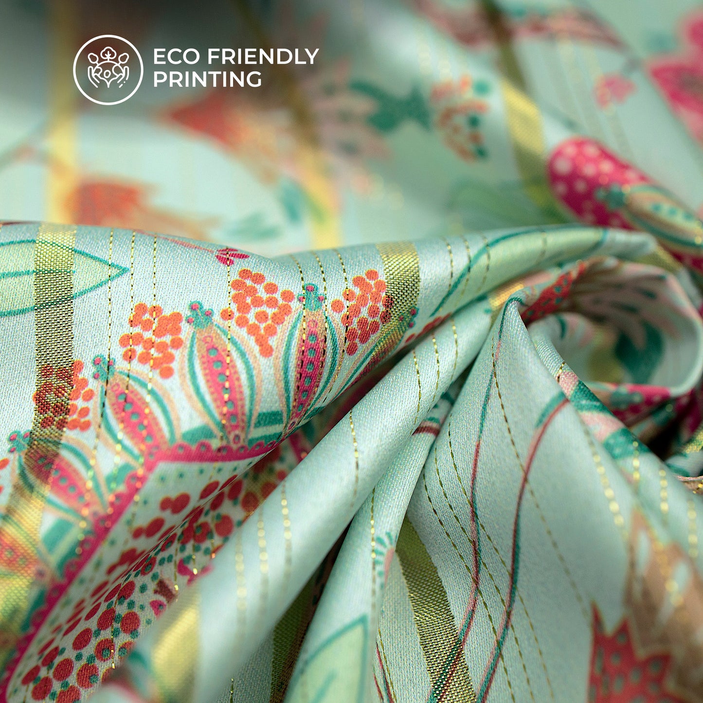 Pistachio Green Floral Digital Print Golden Lurex Satin Fabric