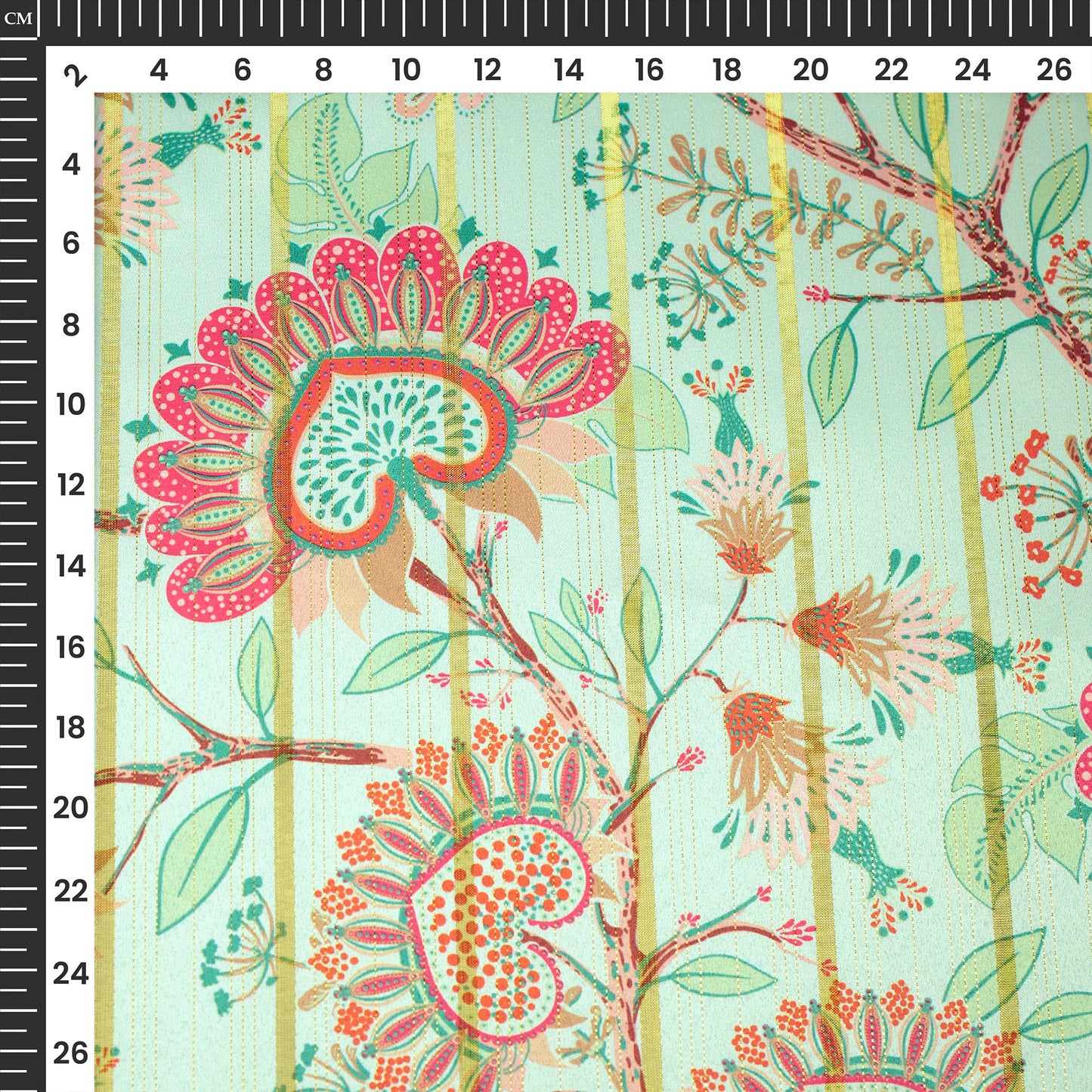 Pistachio Green Floral Digital Print Golden Lurex Satin Fabric