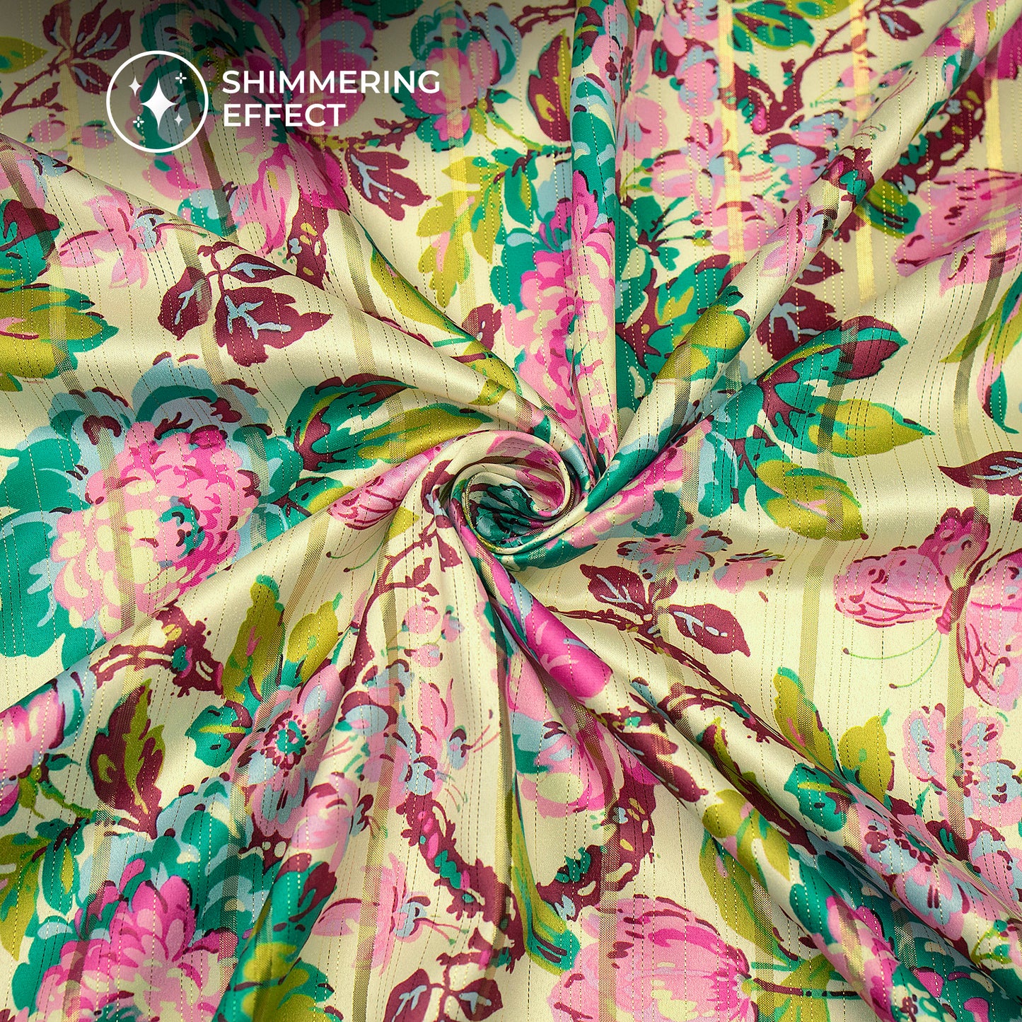 Fuscia Pink Floral Digital Print Golden Lurex Satin Fabric