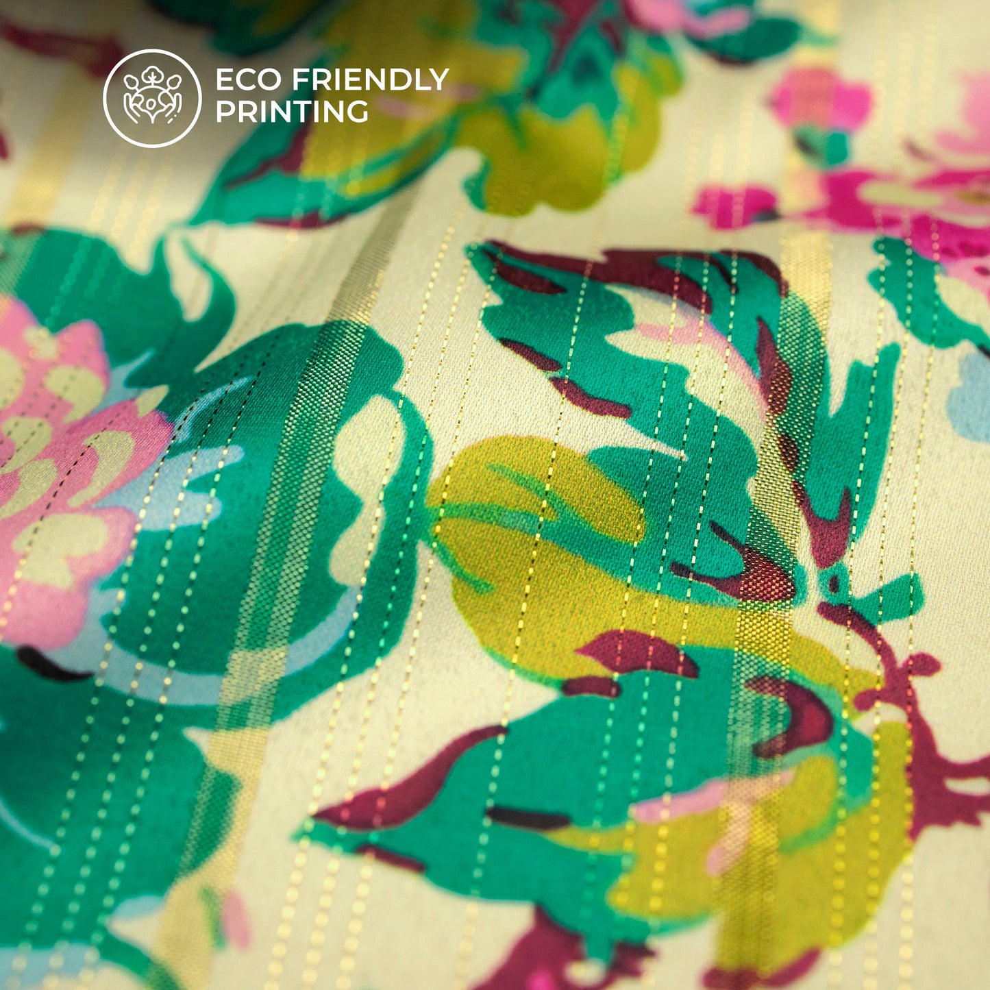Fuscia Pink Floral Digital Print Golden Lurex Satin Fabric