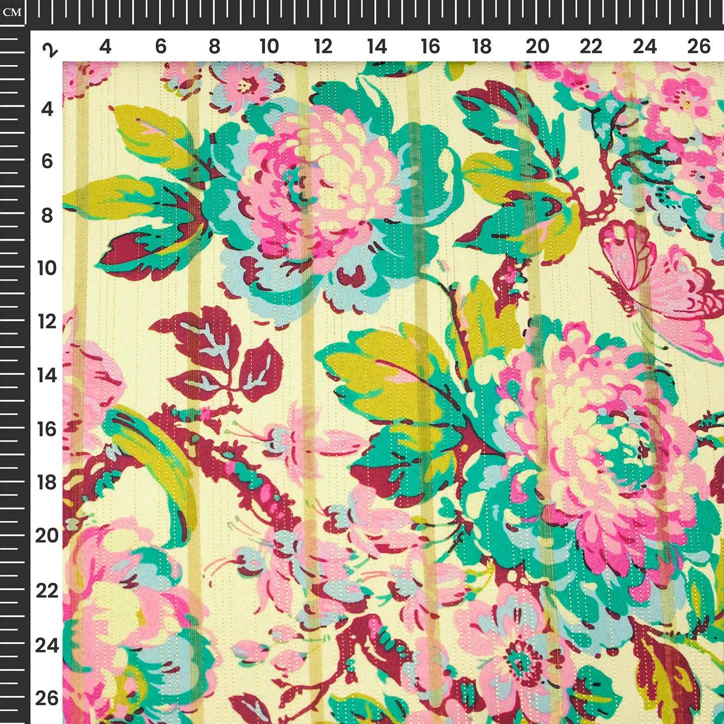 Fuscia Pink Floral Digital Print Golden Lurex Satin Fabric
