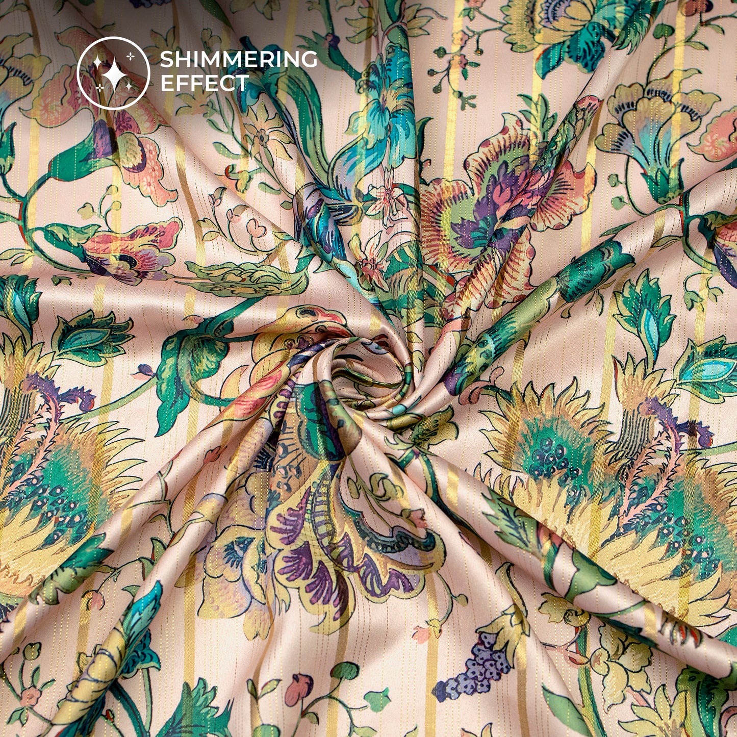 Plum Purple Floral Digital Print Golden Lurex Satin Fabric
