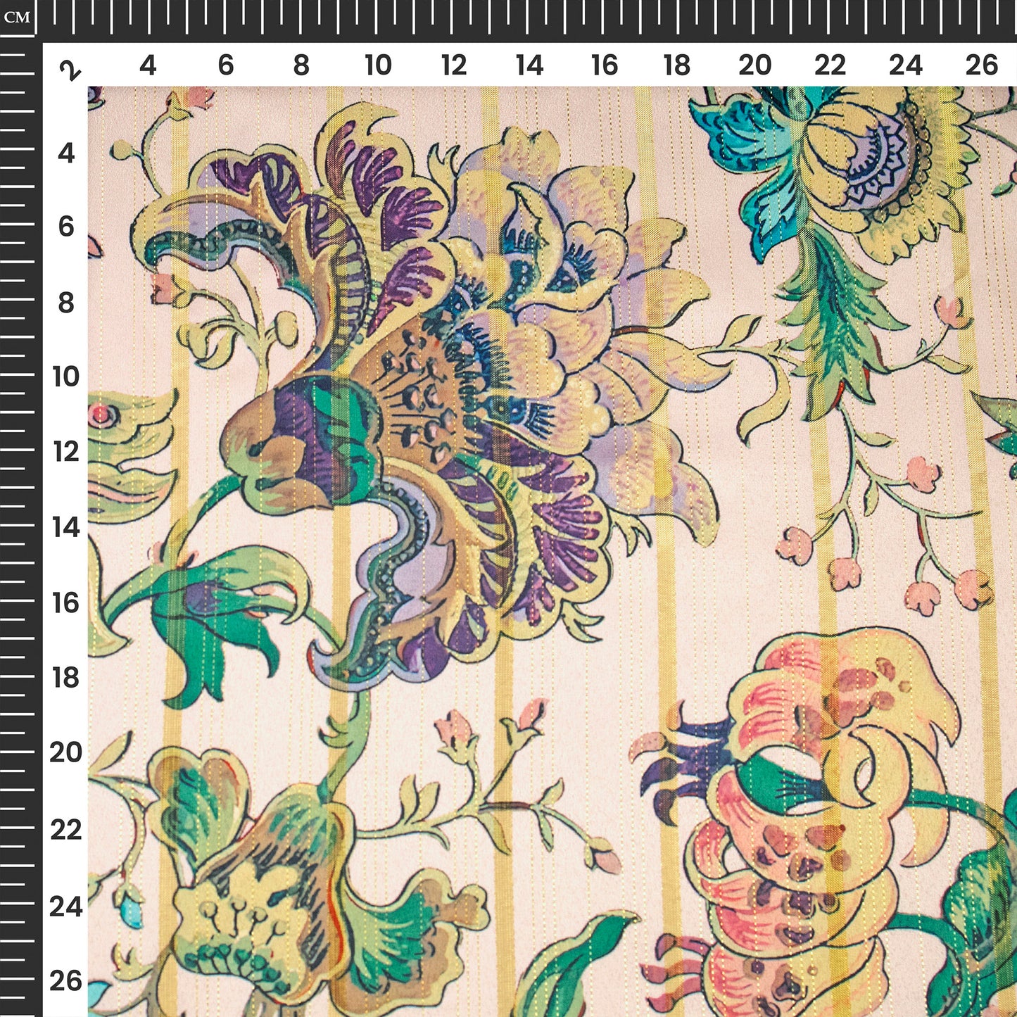 Plum Purple Floral Digital Print Golden Lurex Satin Fabric