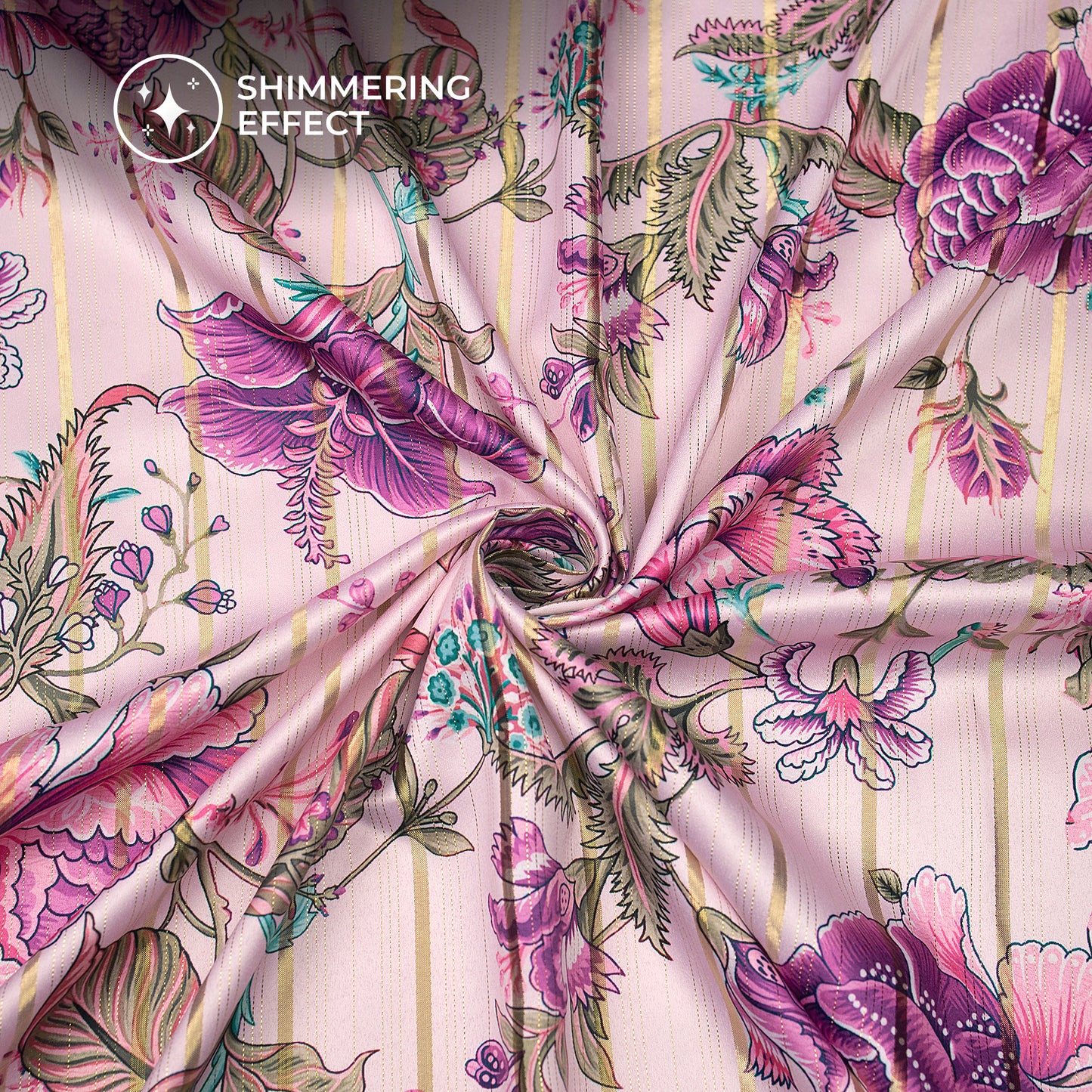 Fuscia Pink Floral Digital Print Golden Lurex Satin Fabric