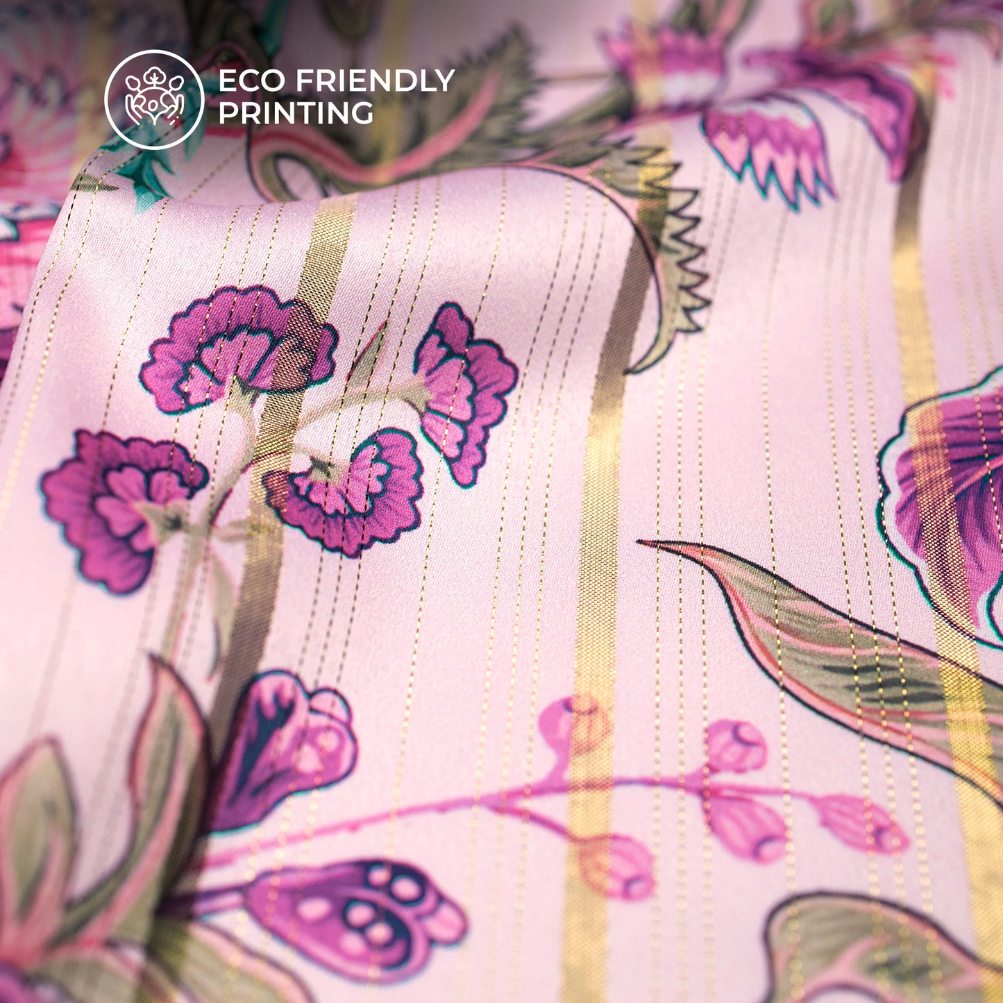 Fuscia Pink Floral Digital Print Golden Lurex Satin Fabric