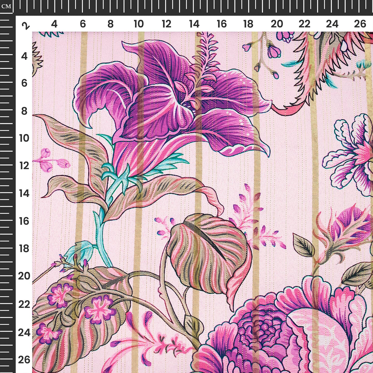 Fuscia Pink Floral Digital Print Golden Lurex Satin Fabric