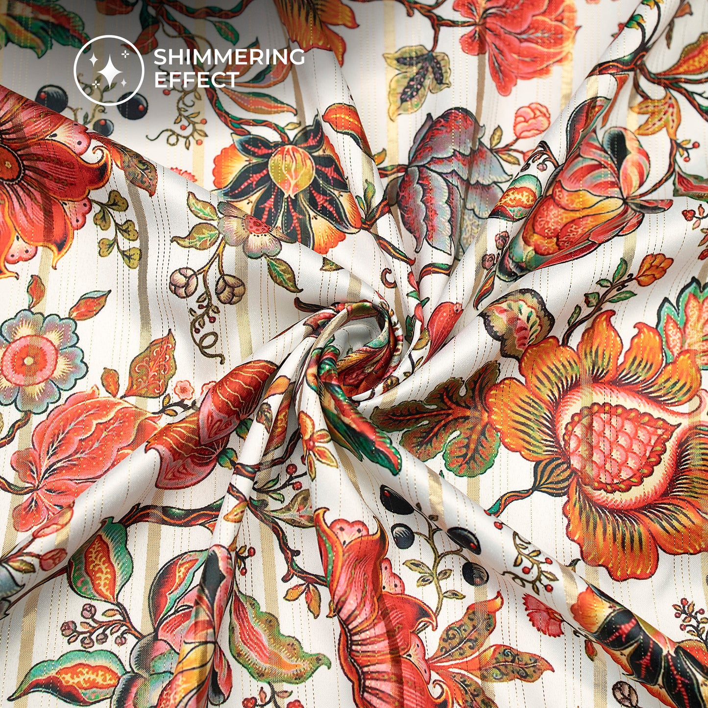 Cherry Red Floral Digital Print Golden Lurex Satin Fabric