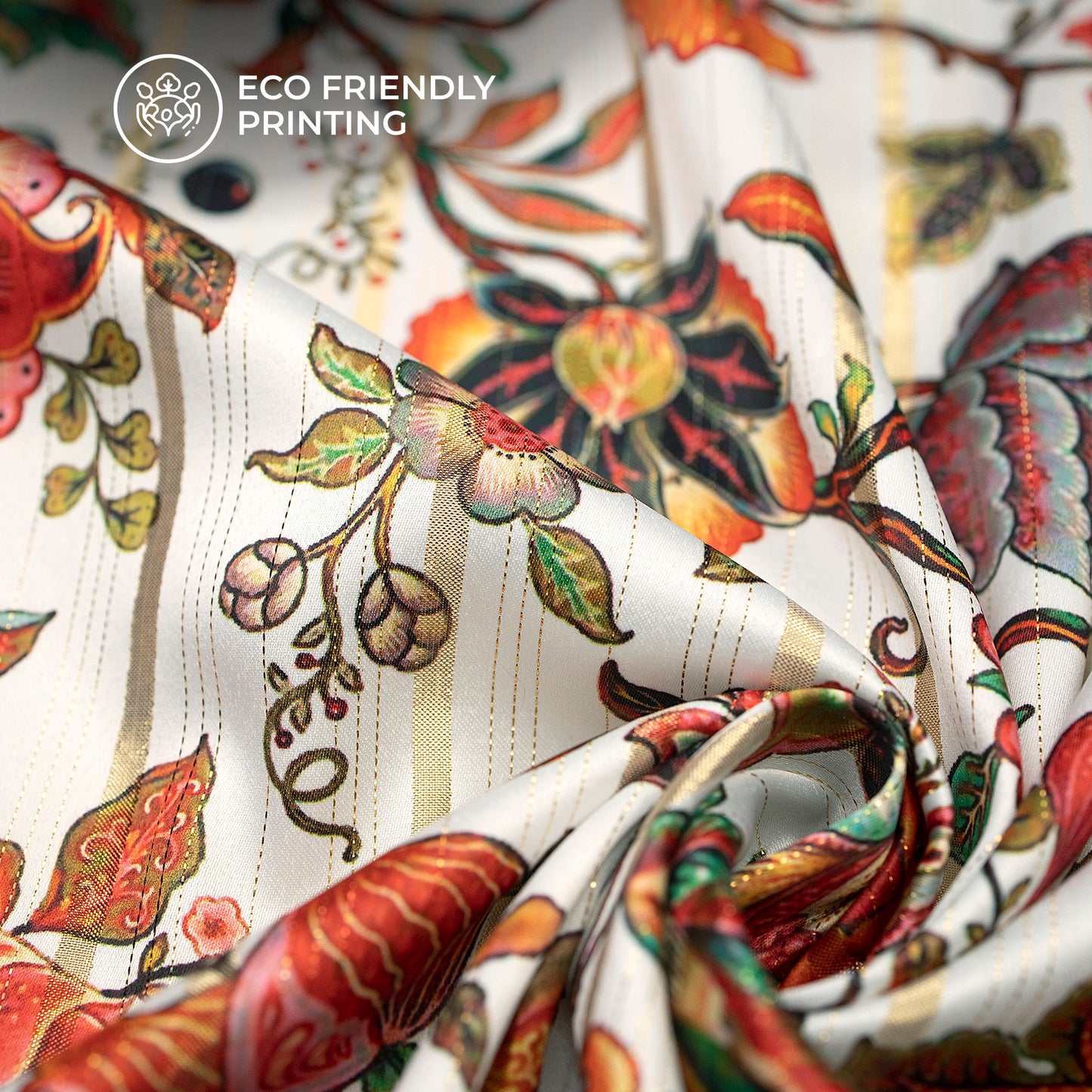 Cherry Red Floral Digital Print Golden Lurex Satin Fabric