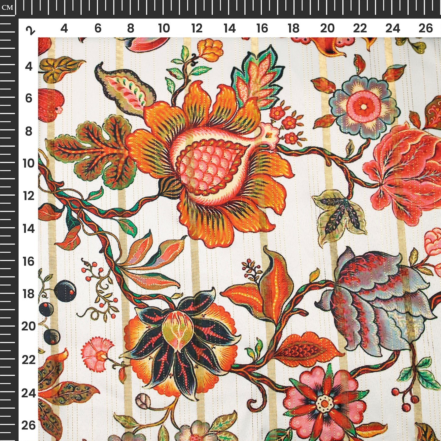 Cherry Red Floral Digital Print Golden Lurex Satin Fabric