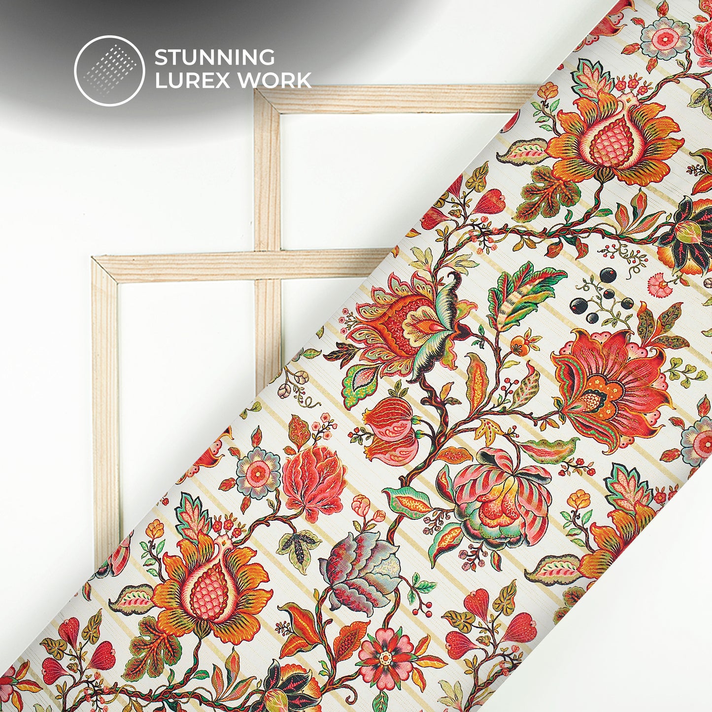 Cherry Red Floral Digital Print Golden Lurex Satin Fabric