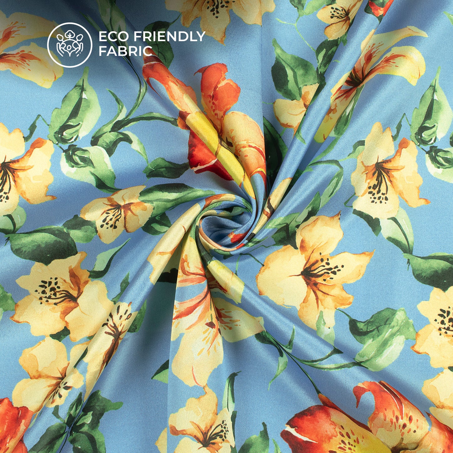 Baby Blue Floral Digital Print Crepe Silk Fabric