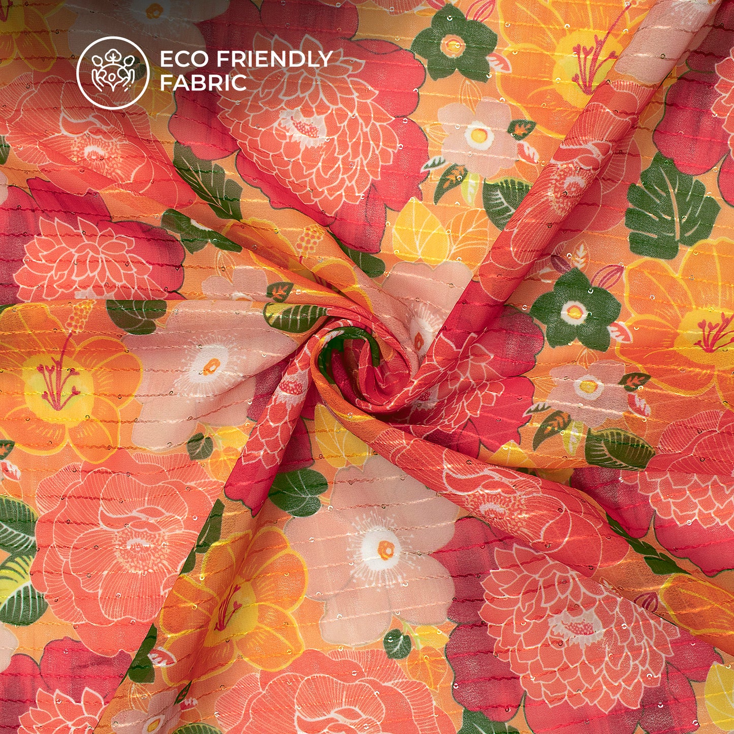Cherry Red Floral Digital Print Sequins Georgette Fabric