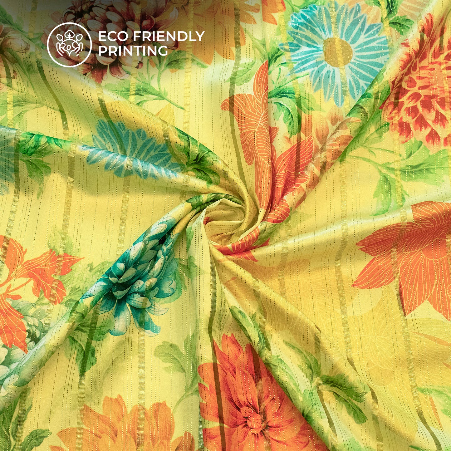 Banana Yellow Floral Digital Print Golden Lurex Satin Fabric
