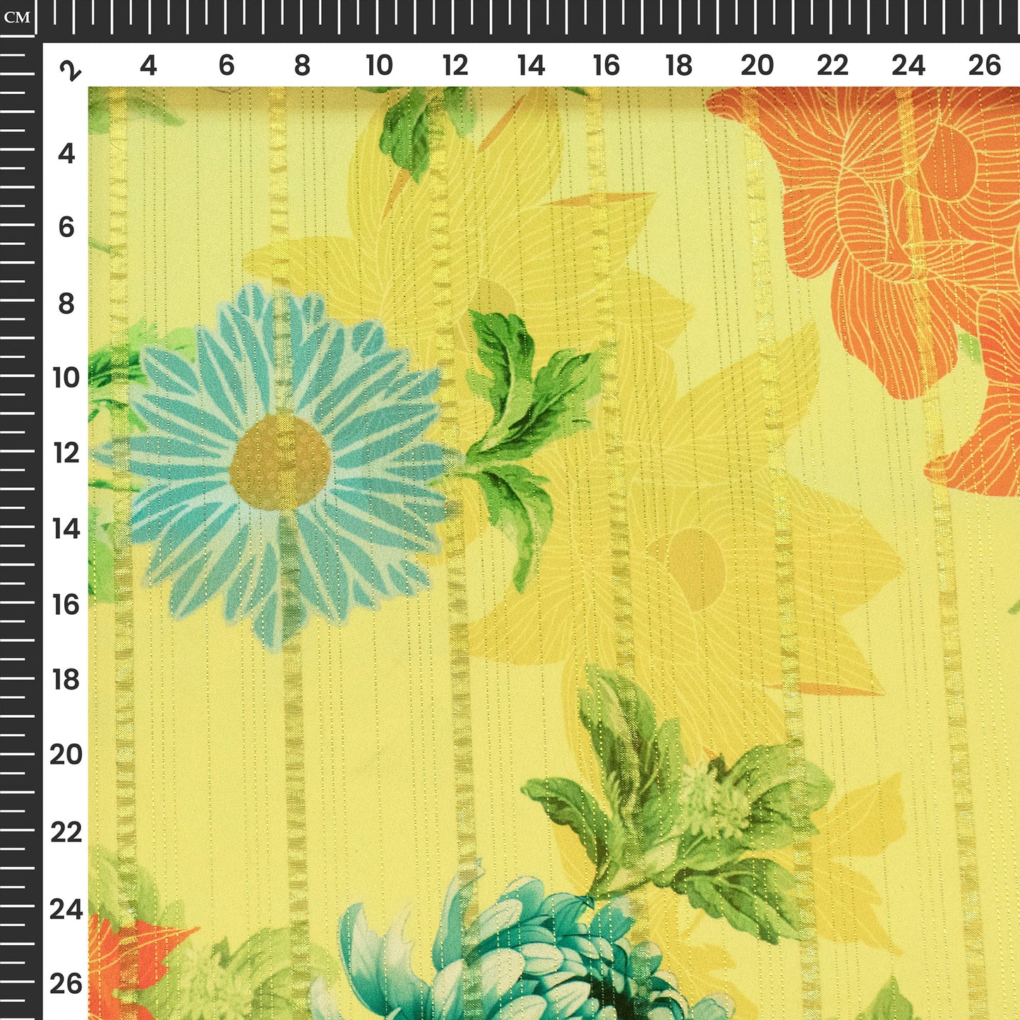 Banana Yellow Floral Digital Print Golden Lurex Satin Fabric