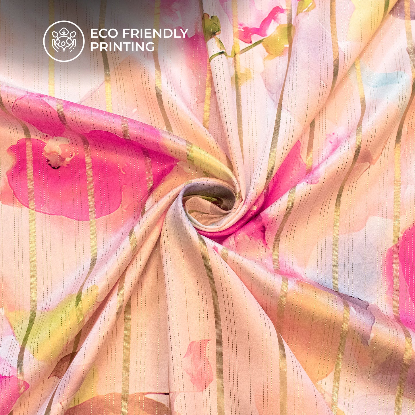 Peach Pink Floral Digital Print Golden Lurex Satin Fabric