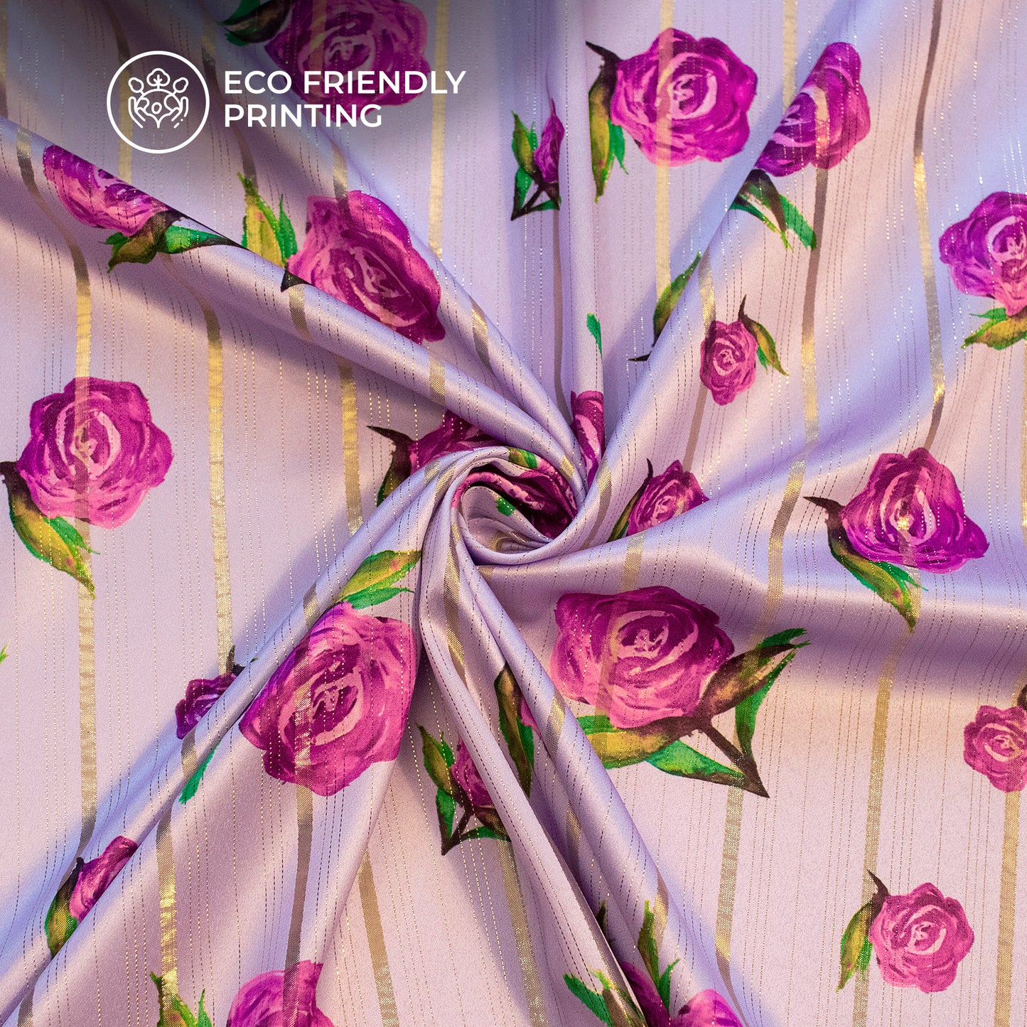 Lavender Purple Floral Digital Print Golden Lurex Satin Fabric