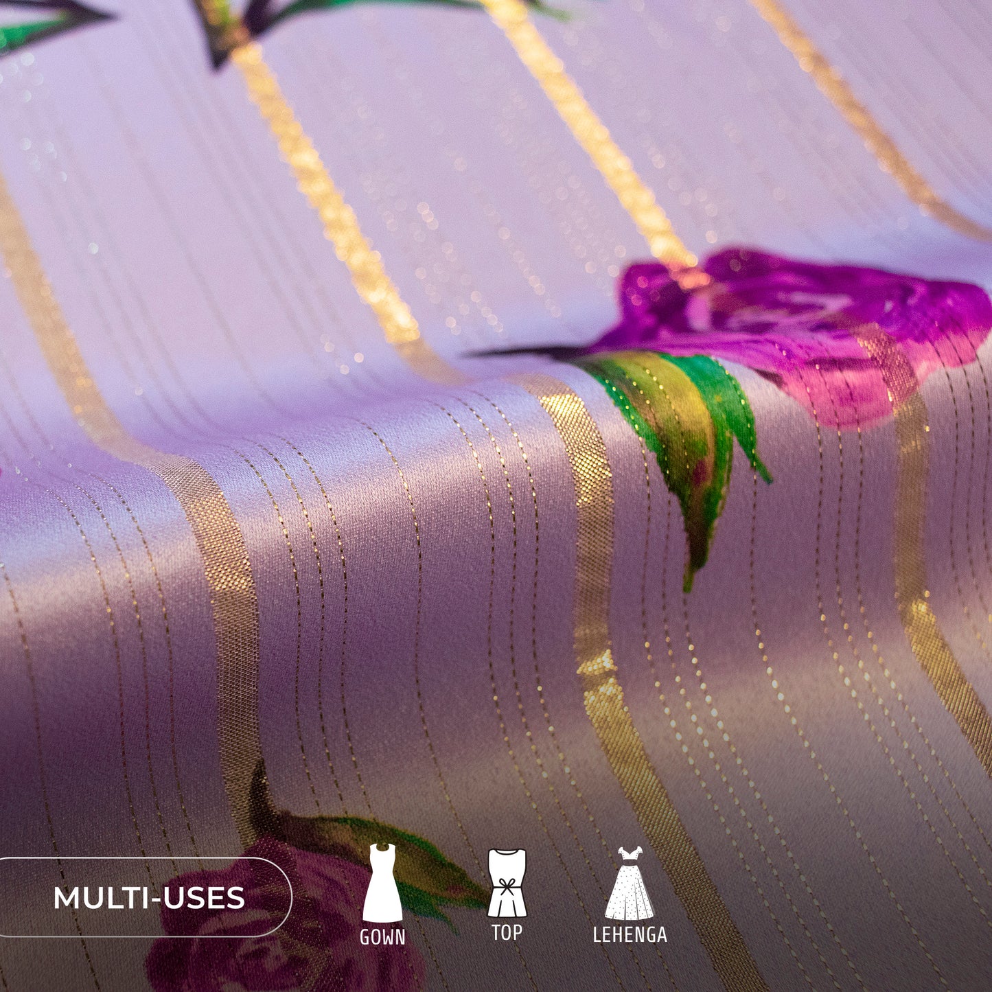 Lavender Purple Floral Digital Print Golden Lurex Satin Fabric