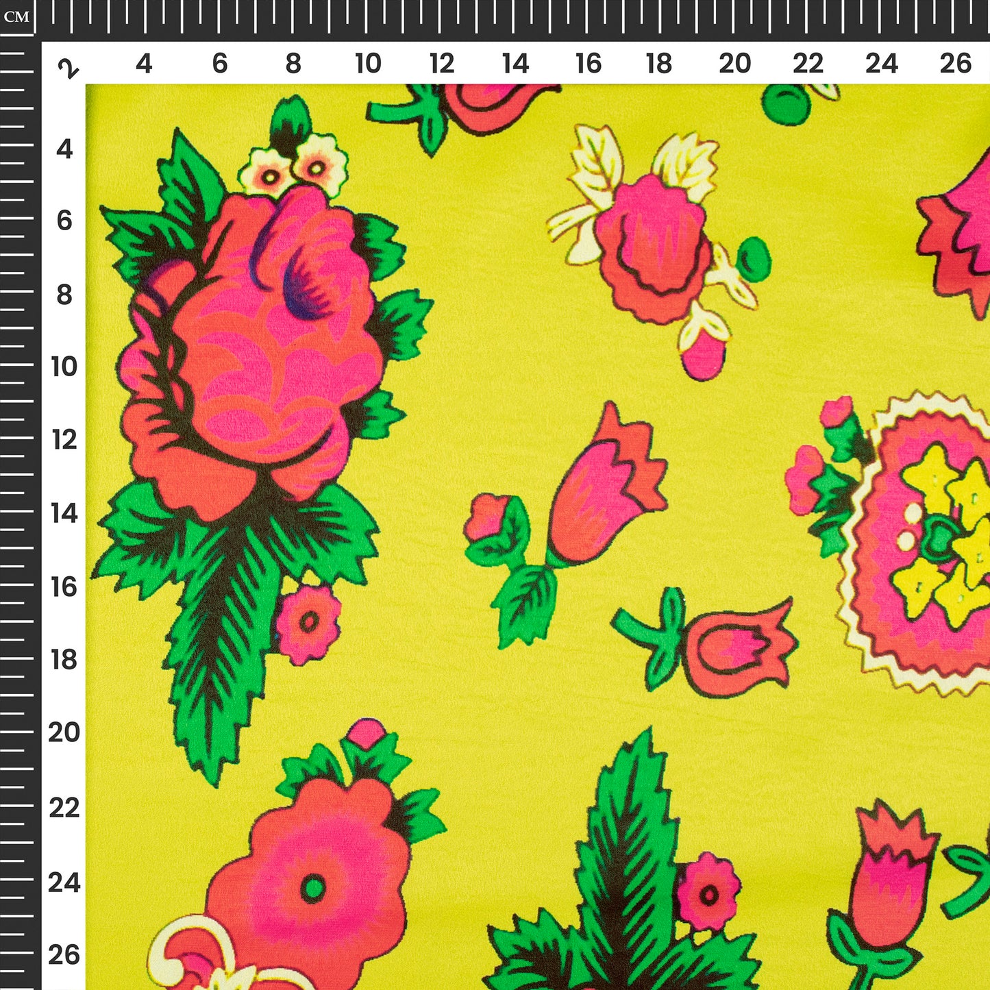 Lemon Yellow Floral Digital Print Lush Satin Fabric