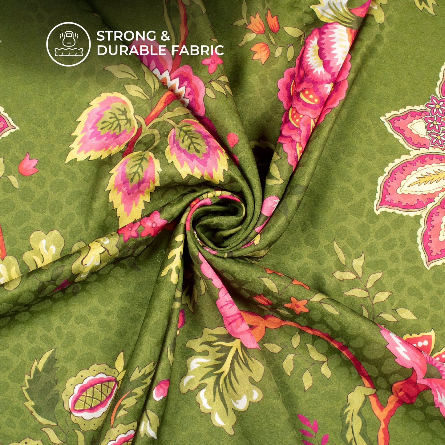 Moss Green Floral Digital Print Dobby Satin Fabric