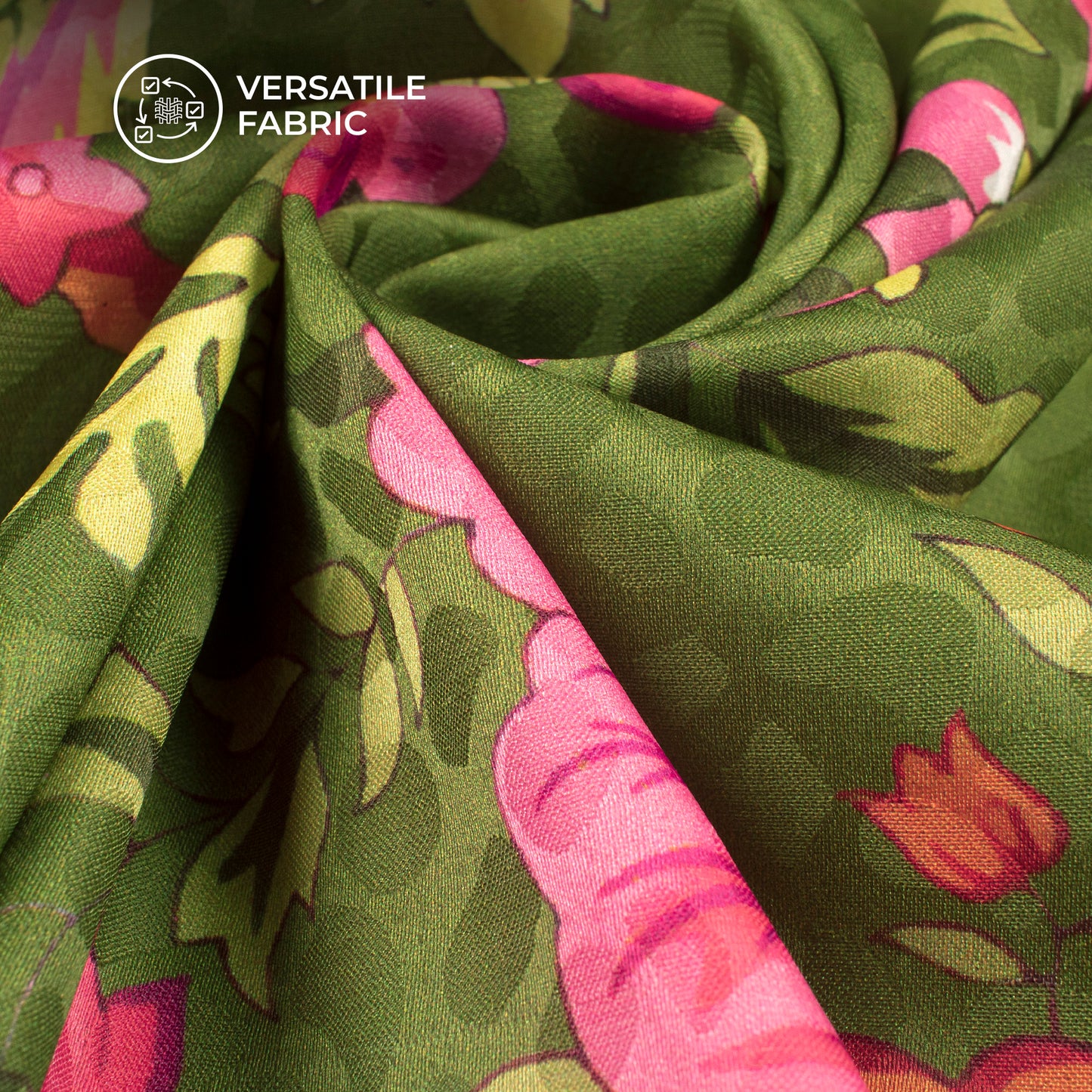 Moss Green Floral Digital Print Dobby Satin Fabric