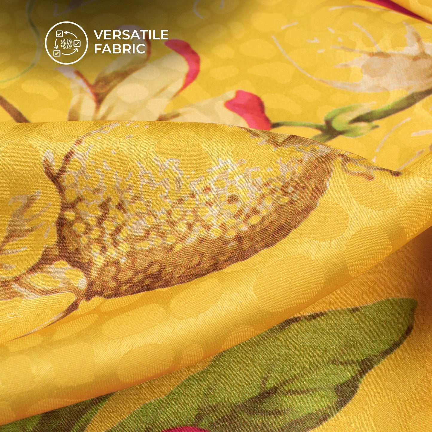 Mustard Yellow Floral Digital Print Dobby Satin Fabric