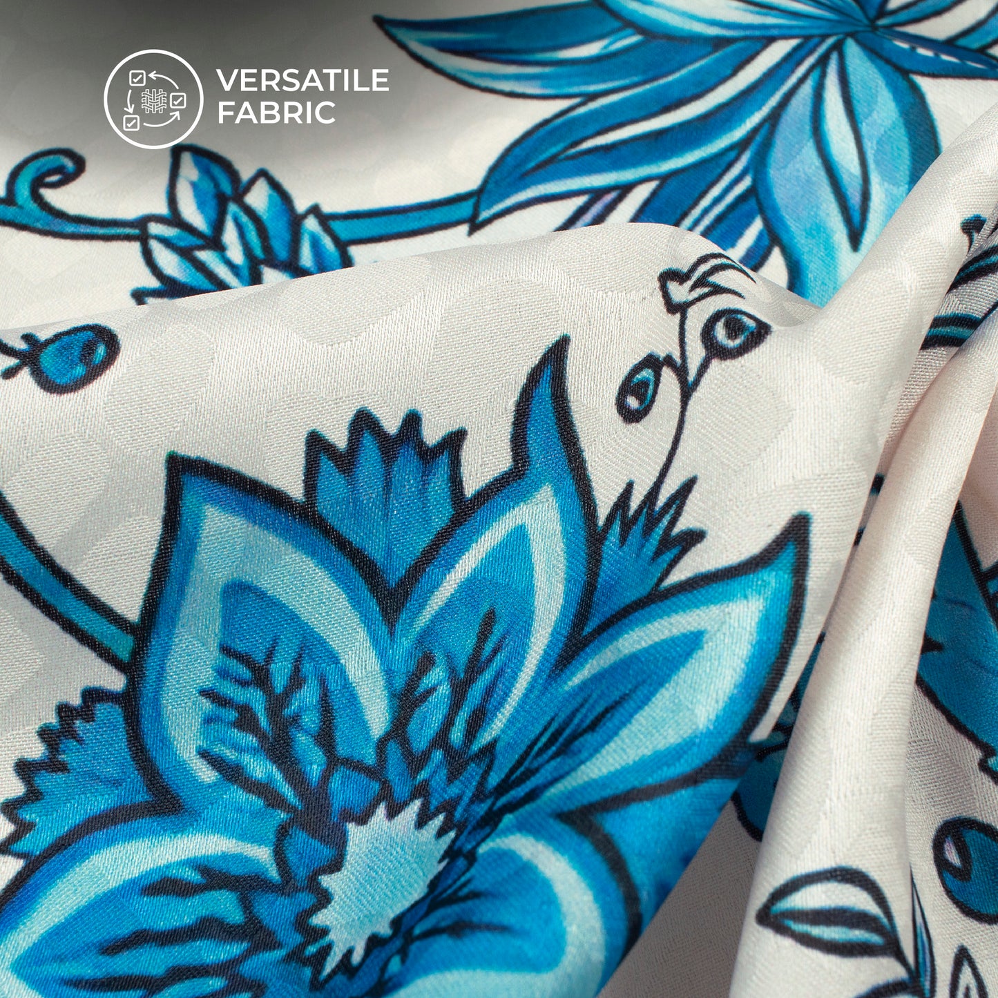 Bright Blue Floral Digital Print Dobby Satin Fabric