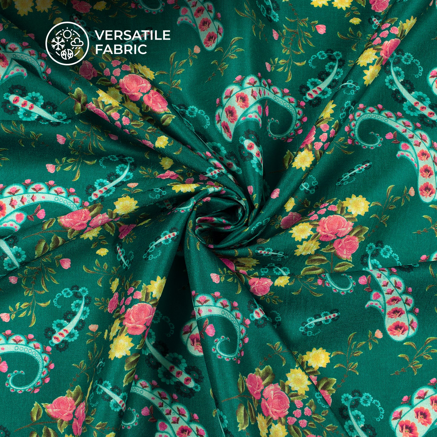 Pink Green Paisley Digital Print Flat Silk Fabric