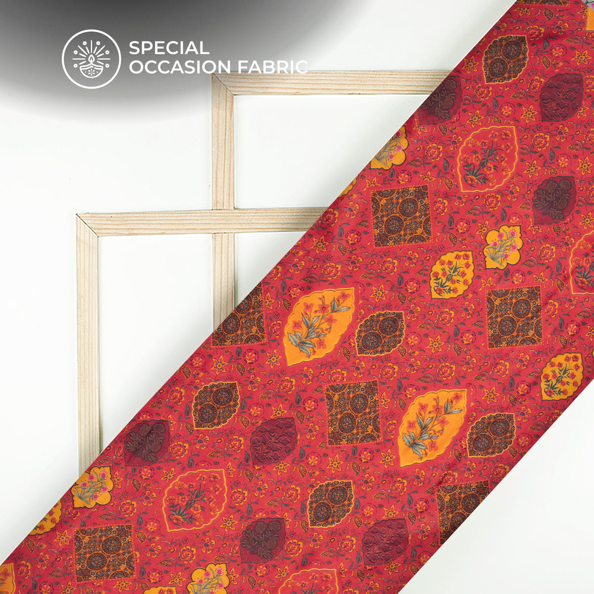 Cherry Red Ethnic-Floral Digital Print Viscose Gaji Silk Fabric