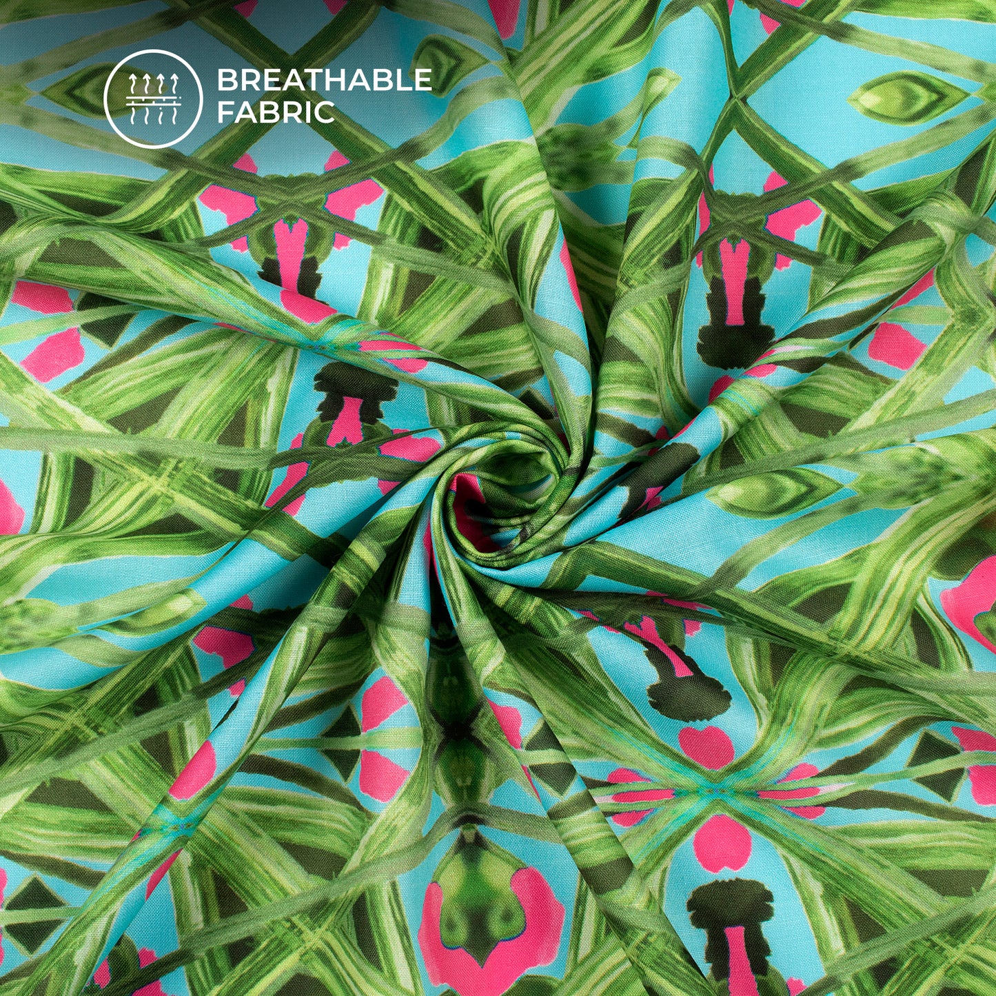 Mint Green Geometrical,Floral Digital Print Poly Cambric Fabric