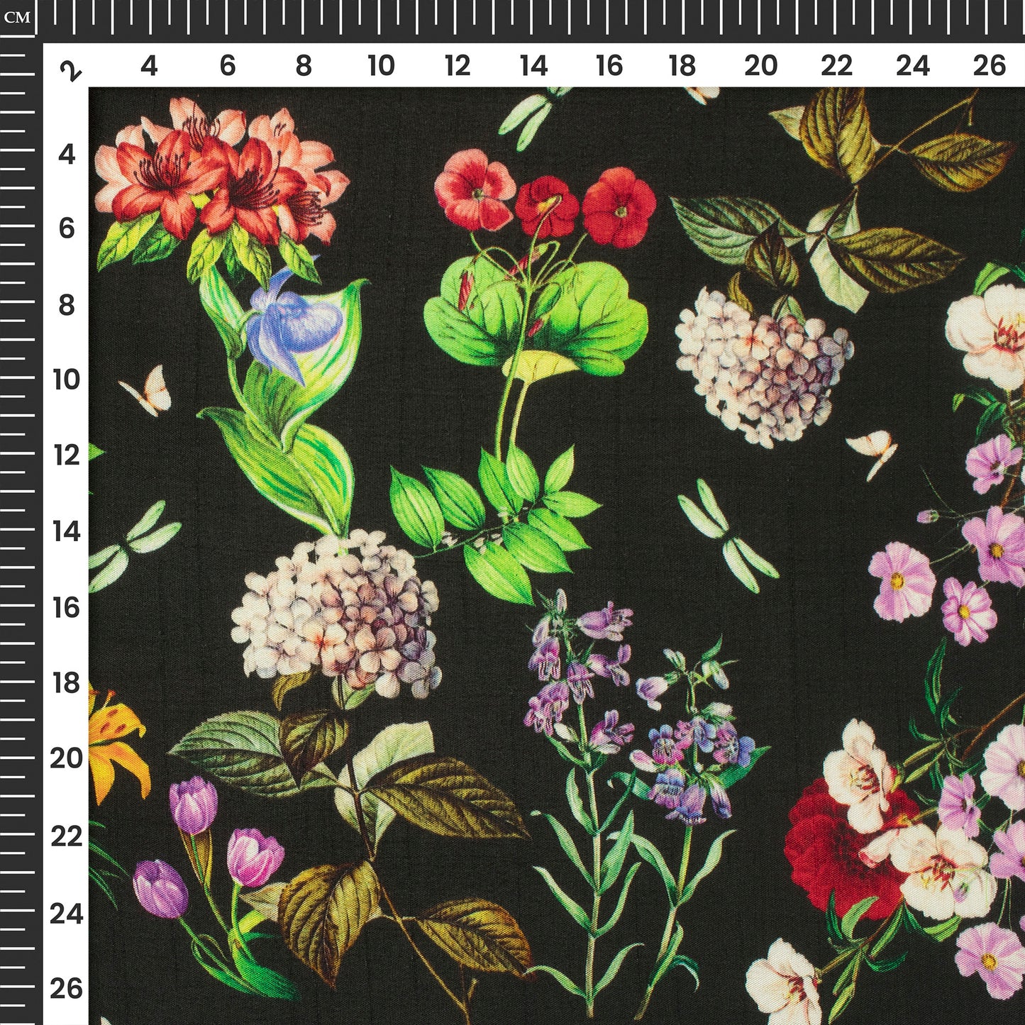 Black Floral Digital Print Bemberg Raw Silk Fabric