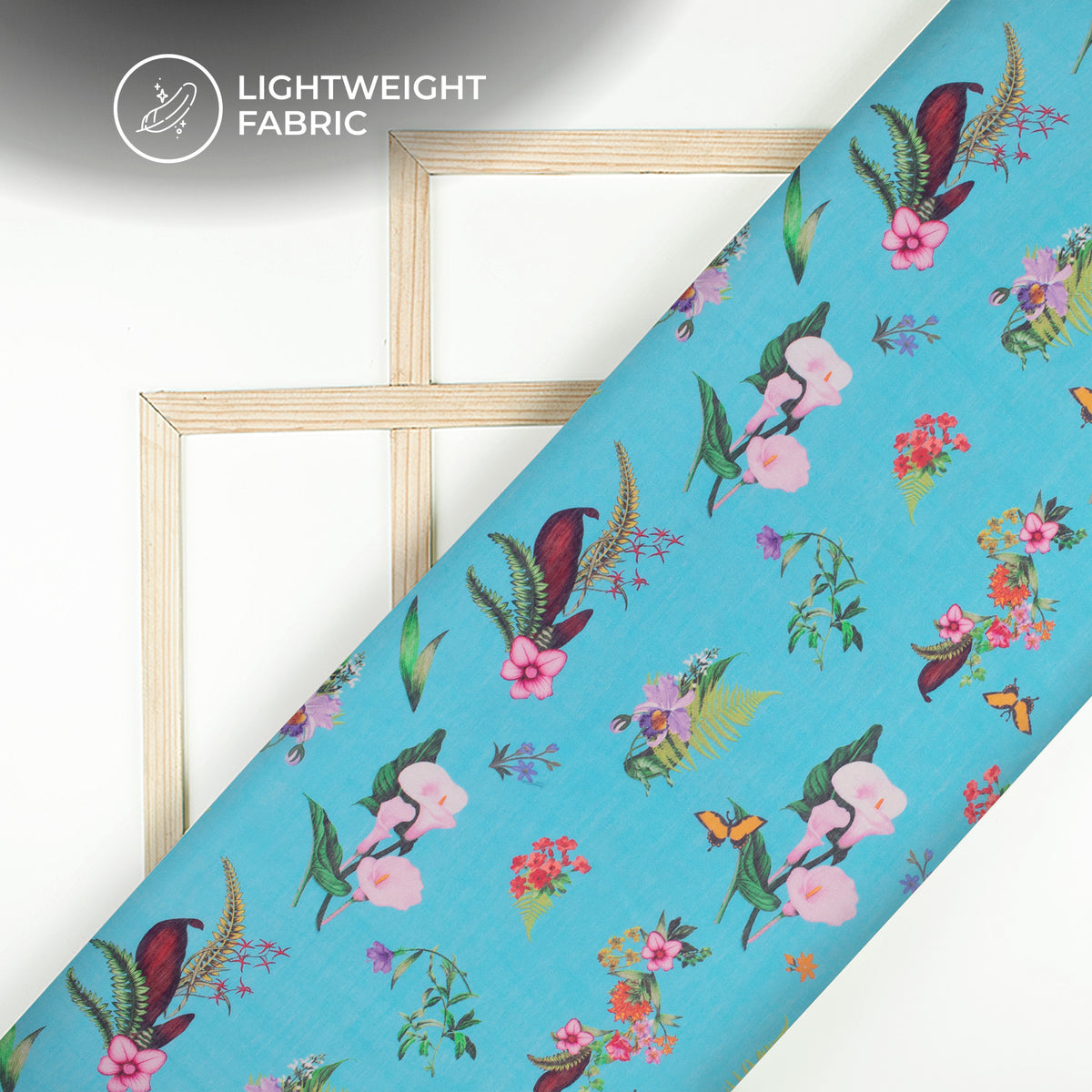 Sky Blue Floral Digital Print Viscose Chanderi Fabric