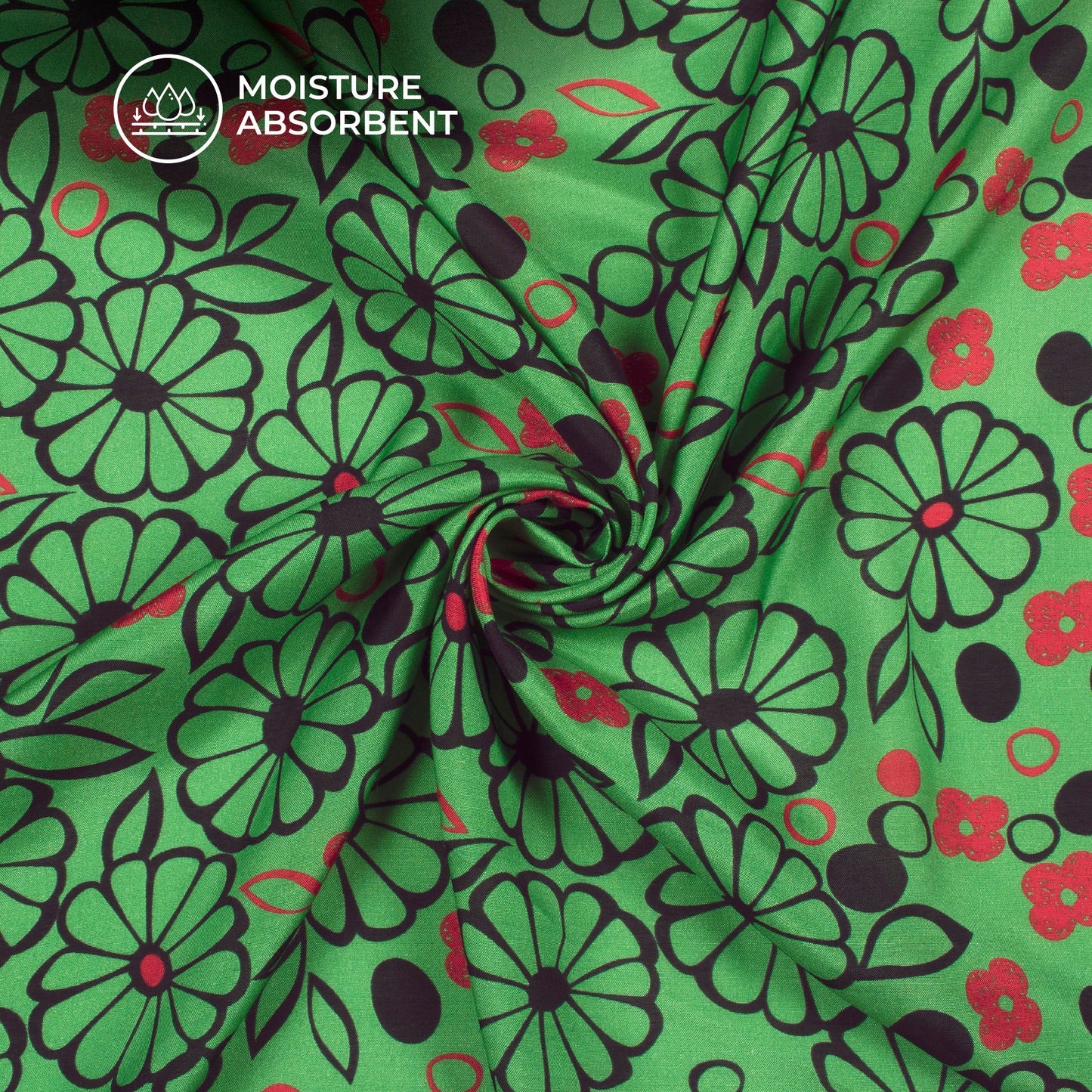 Fern Green,Black Floral Digital Print Viscose Muslin Fabric
