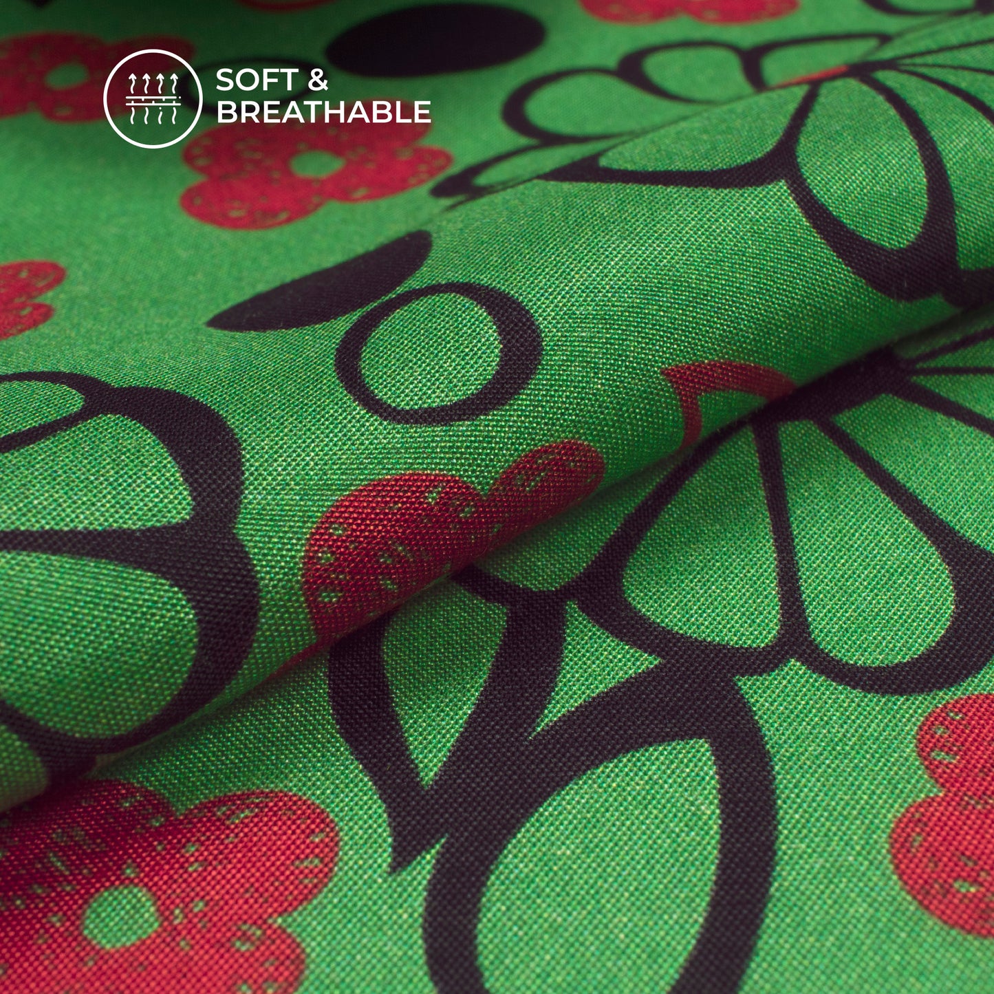 Fern Green,Black Floral Digital Print Viscose Muslin Fabric
