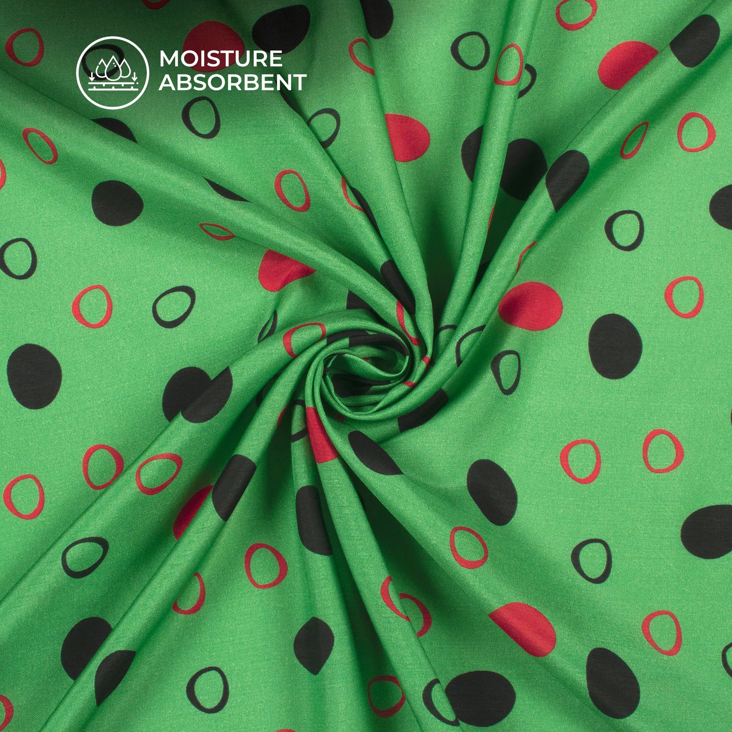 Fern Green,Black Polka Dots Digital Print Viscose Muslin Fabric