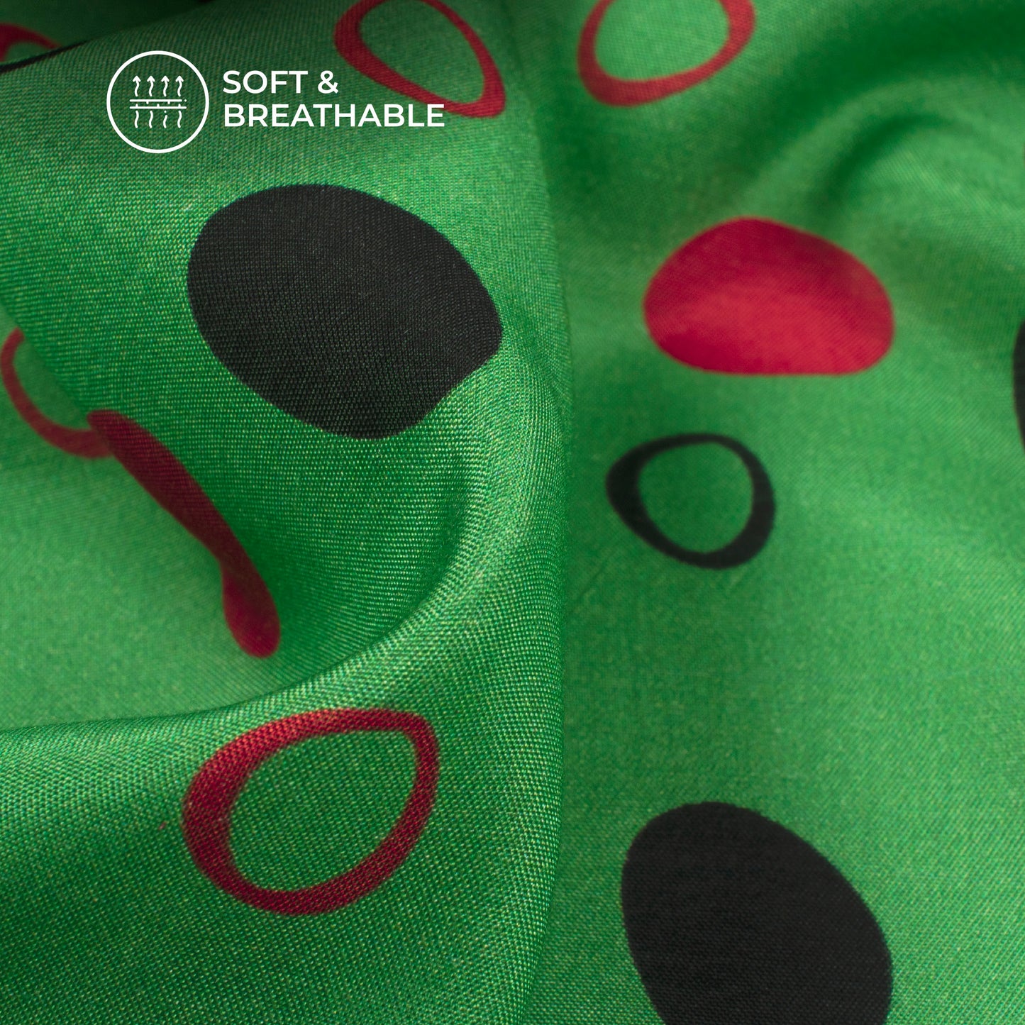 Fern Green,Black Polka Dots Digital Print Viscose Muslin Fabric