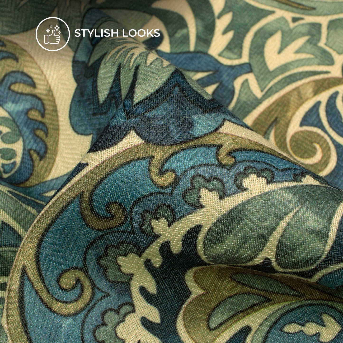 Navy Blue Floral Digital Print Elegant Blend Pashmina Fabric