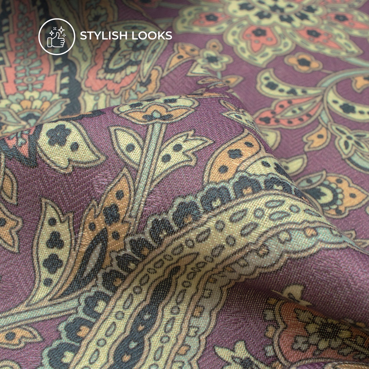 Lilac Purple Paisley Digital Print Elegant Blend Pashmina Fabric