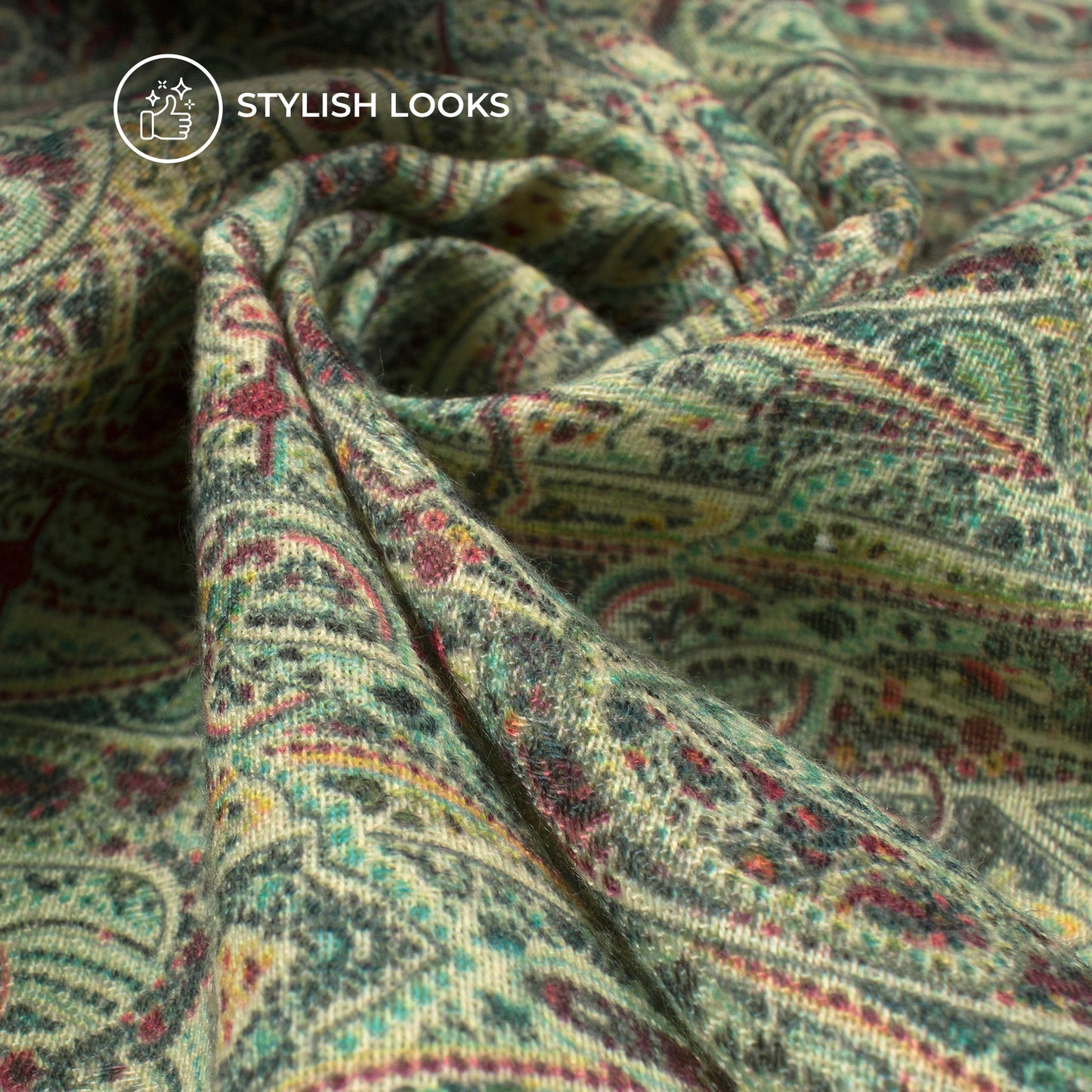 Sage Green Paisley Digital Print Elegant Blend Pashmina Fabric
