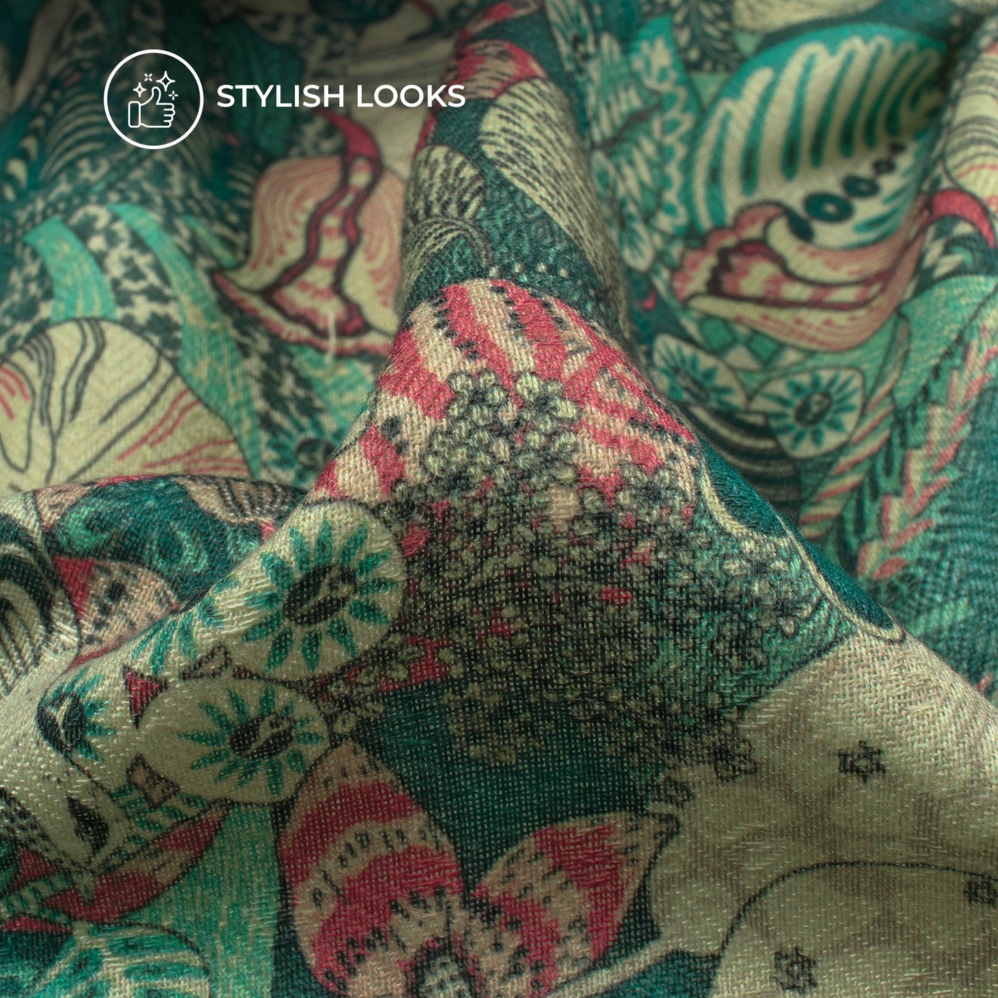 Pink Green Floral Digital Print Elegant Blend Pashmina Fabric