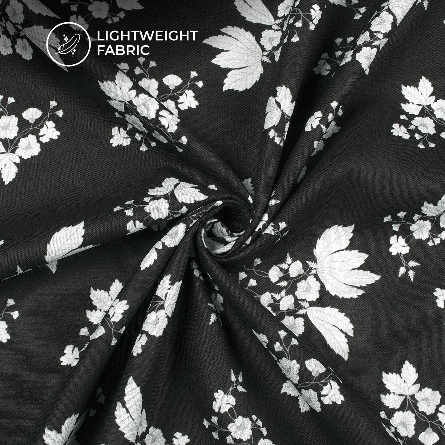 Black Floral Digital Print Poly Linen Slub Fabric