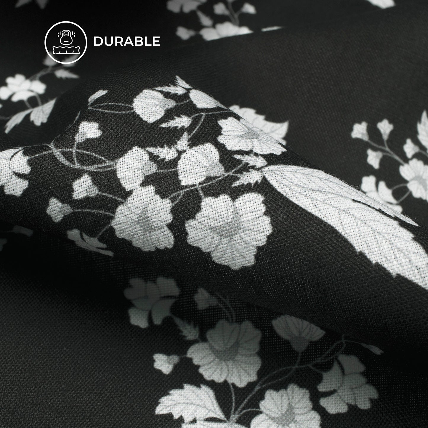 Black Floral Digital Print Poly Linen Slub Fabric