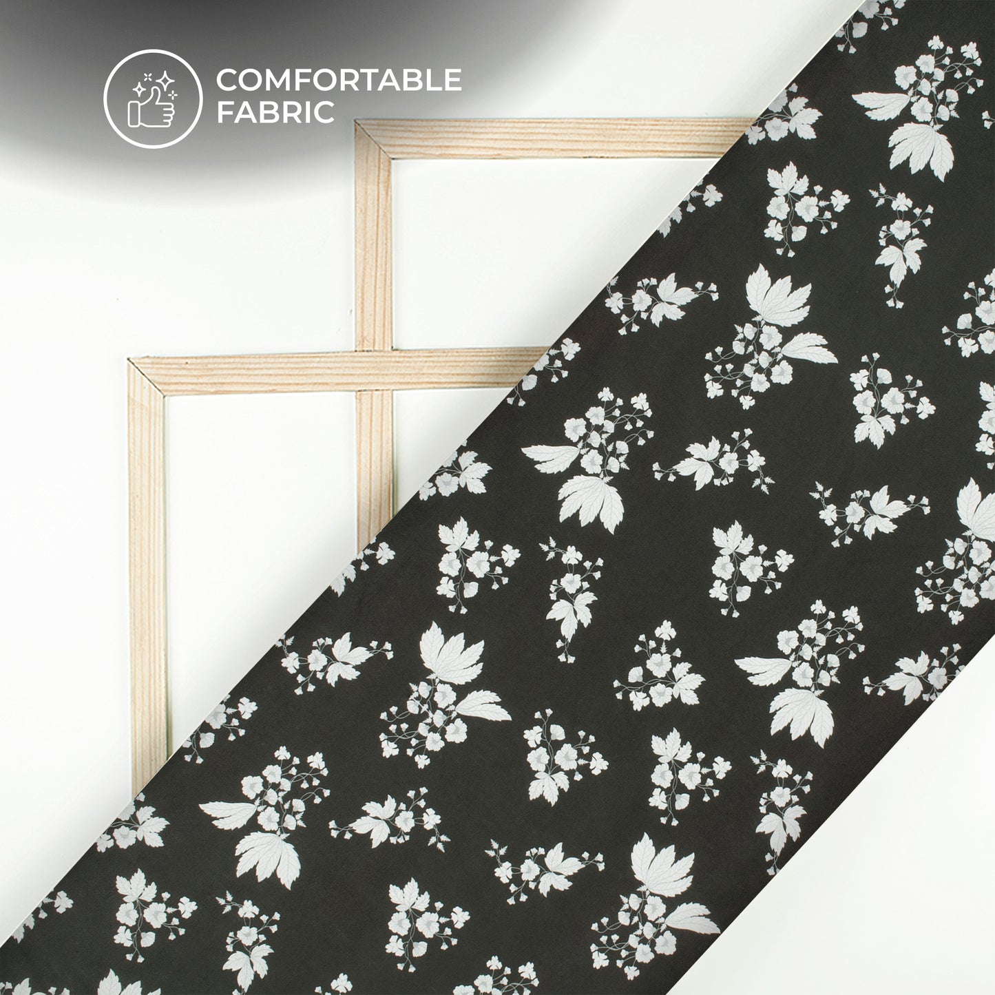Black Floral Digital Print Poly Linen Slub Fabric