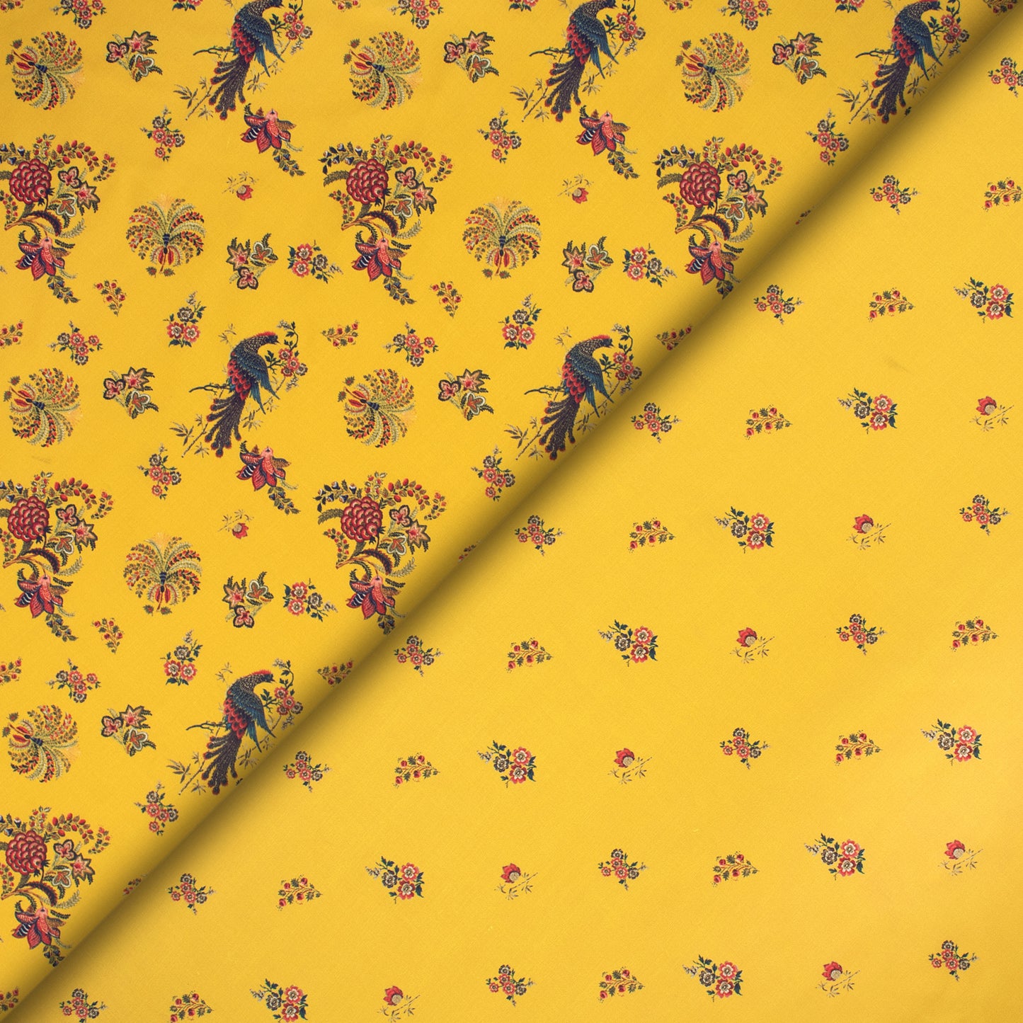 Mustard Yellow Floral,Bird Digital Print Poly Linen Slub Fabric